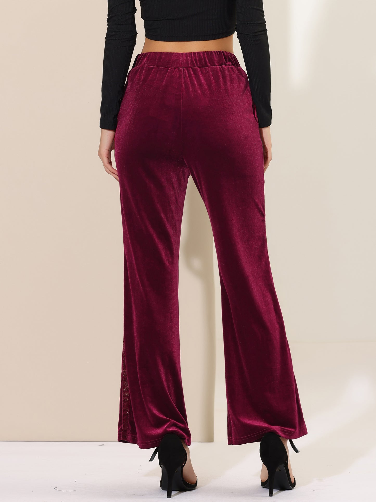 Women's Bell Bottom Pants Shiny Stripe Side Wide Leg Velvet Flared Pants with Pockets