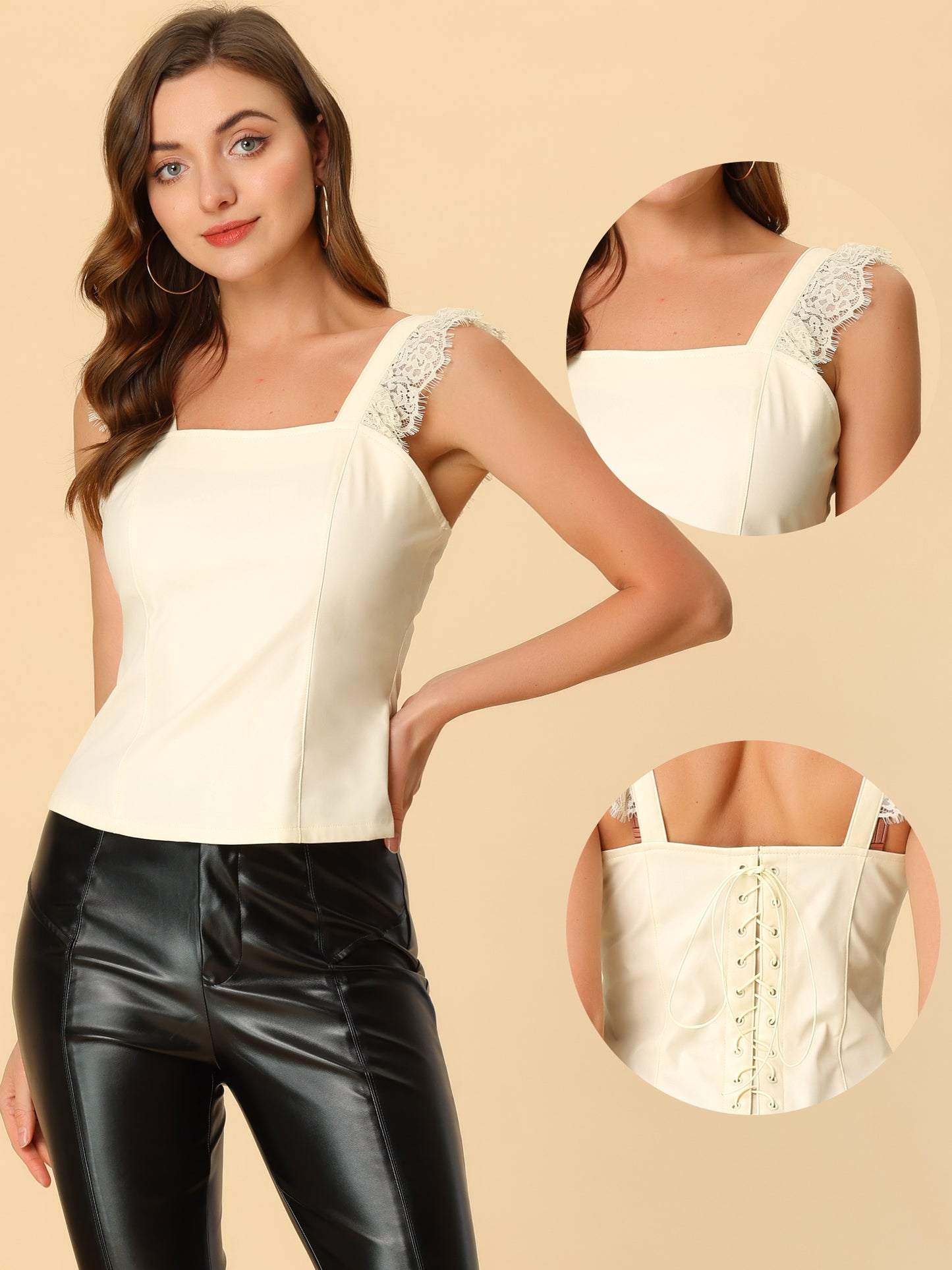 Women's PU Cami Lace Trim Party Faux Leather Top