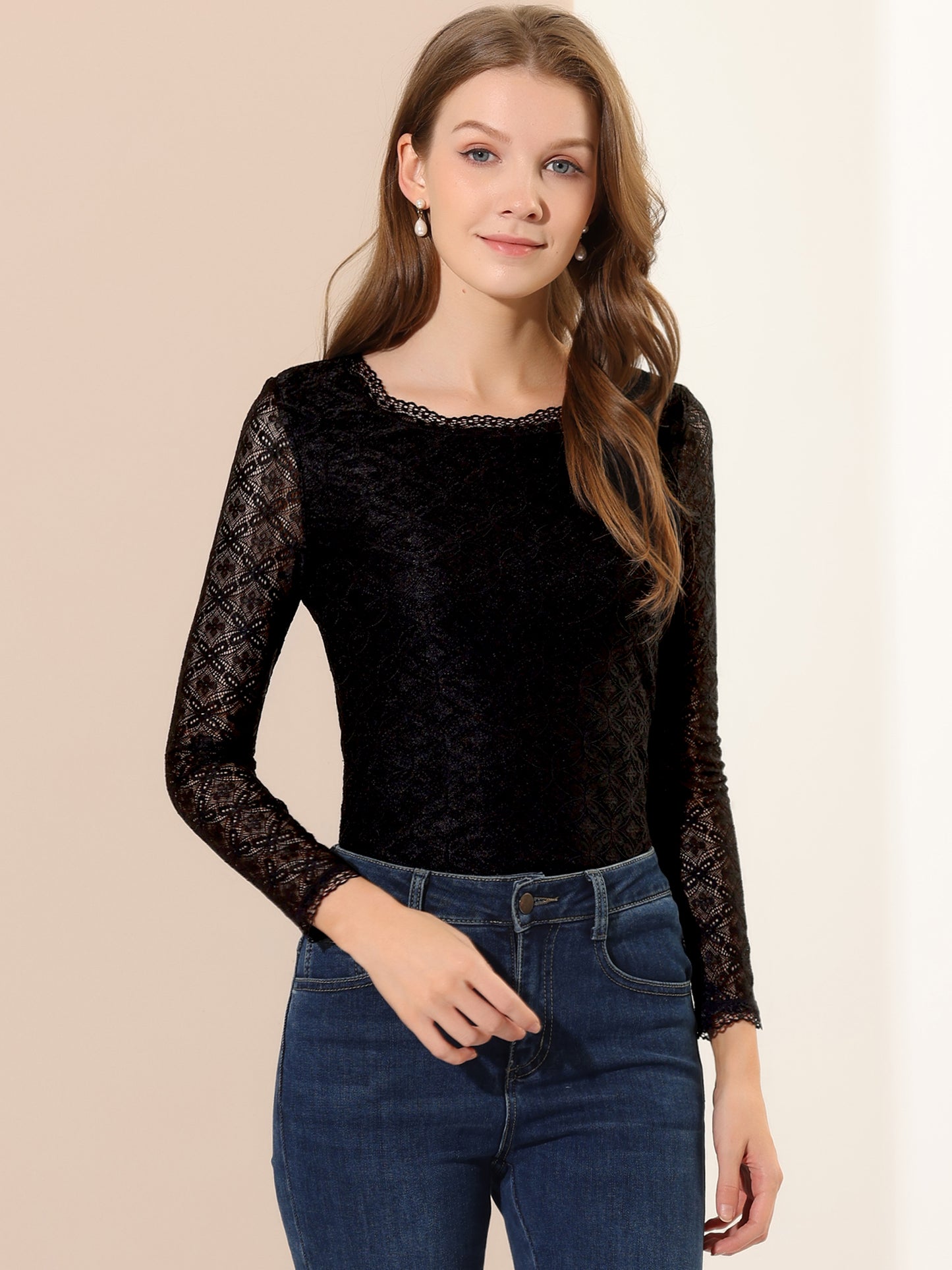 Women's Lace Sheer Dressy Casual Floral Lace Long Sleeve Top