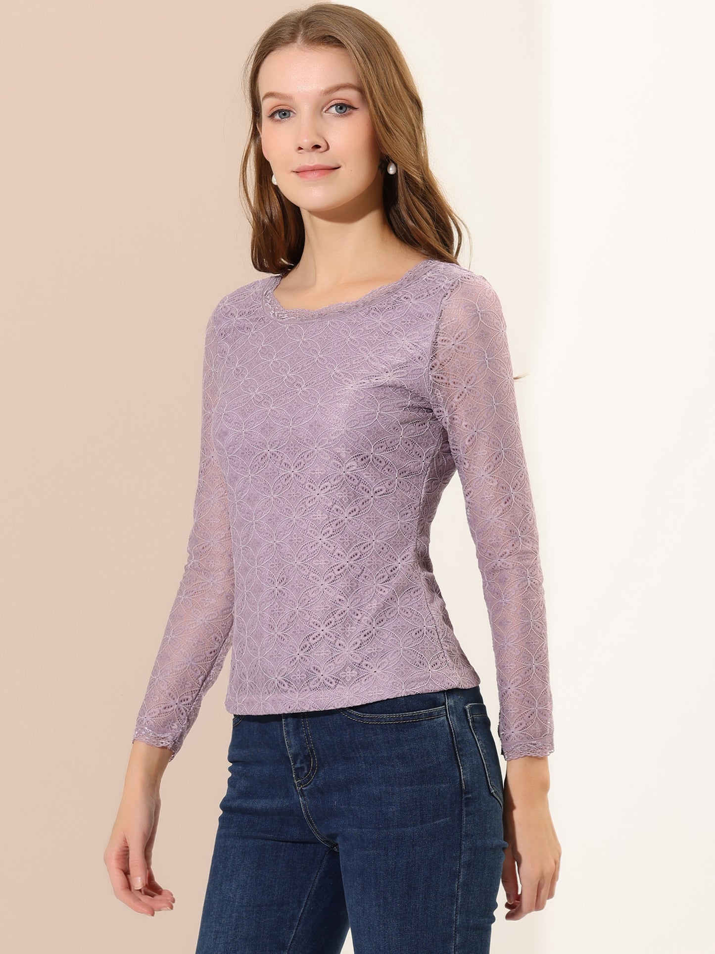 Women's Lace Sheer Dressy Casual Floral Lace Long Sleeve Top