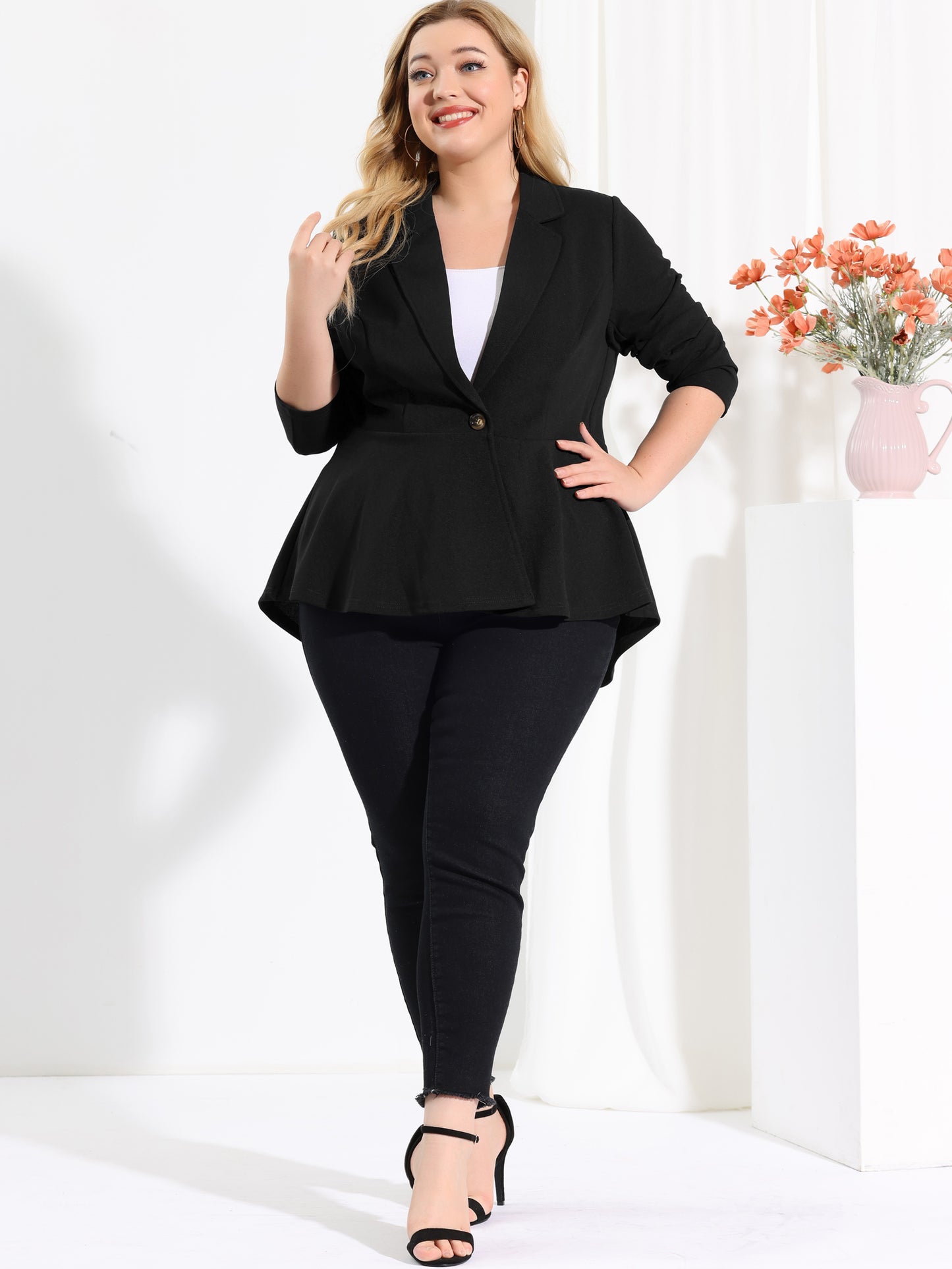 Women's Plus Size Blazer Ruffle V Neck Long Sleeve Notch Panel Button Peplum Work Office Blazers