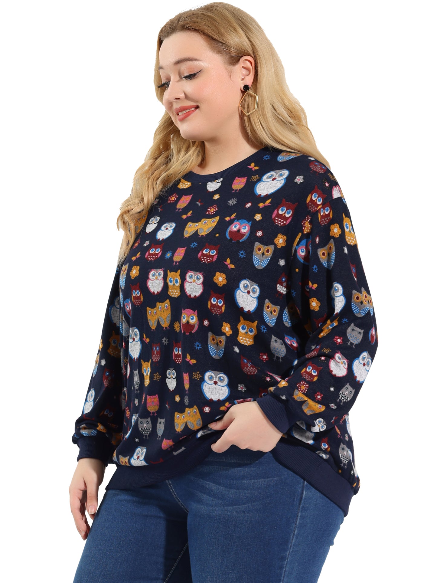 Women Plus Size Top Pullover Loose Owl Print Sweatershirt