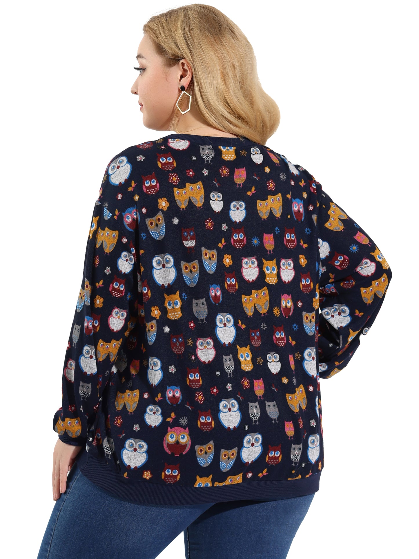 Women Plus Size Top Pullover Loose Owl Print Sweatershirt