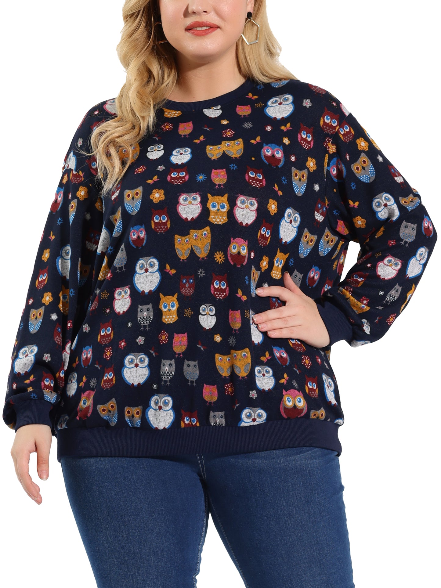 Women Plus Size Top Pullover Loose Owl Print Sweatershirt