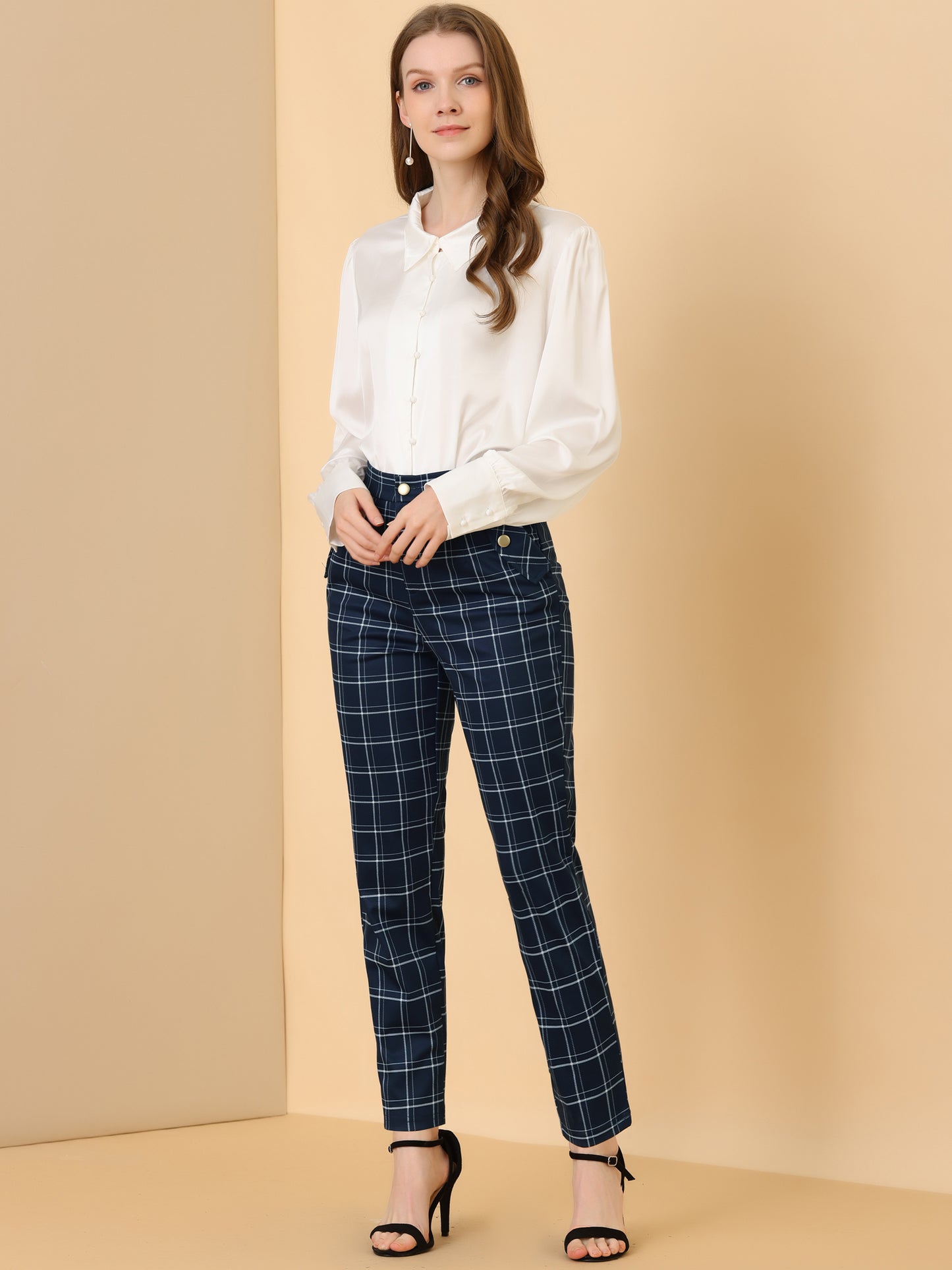 Women's Retro Tartan Plaid Pants Elastic Waist Straight Long Trousers