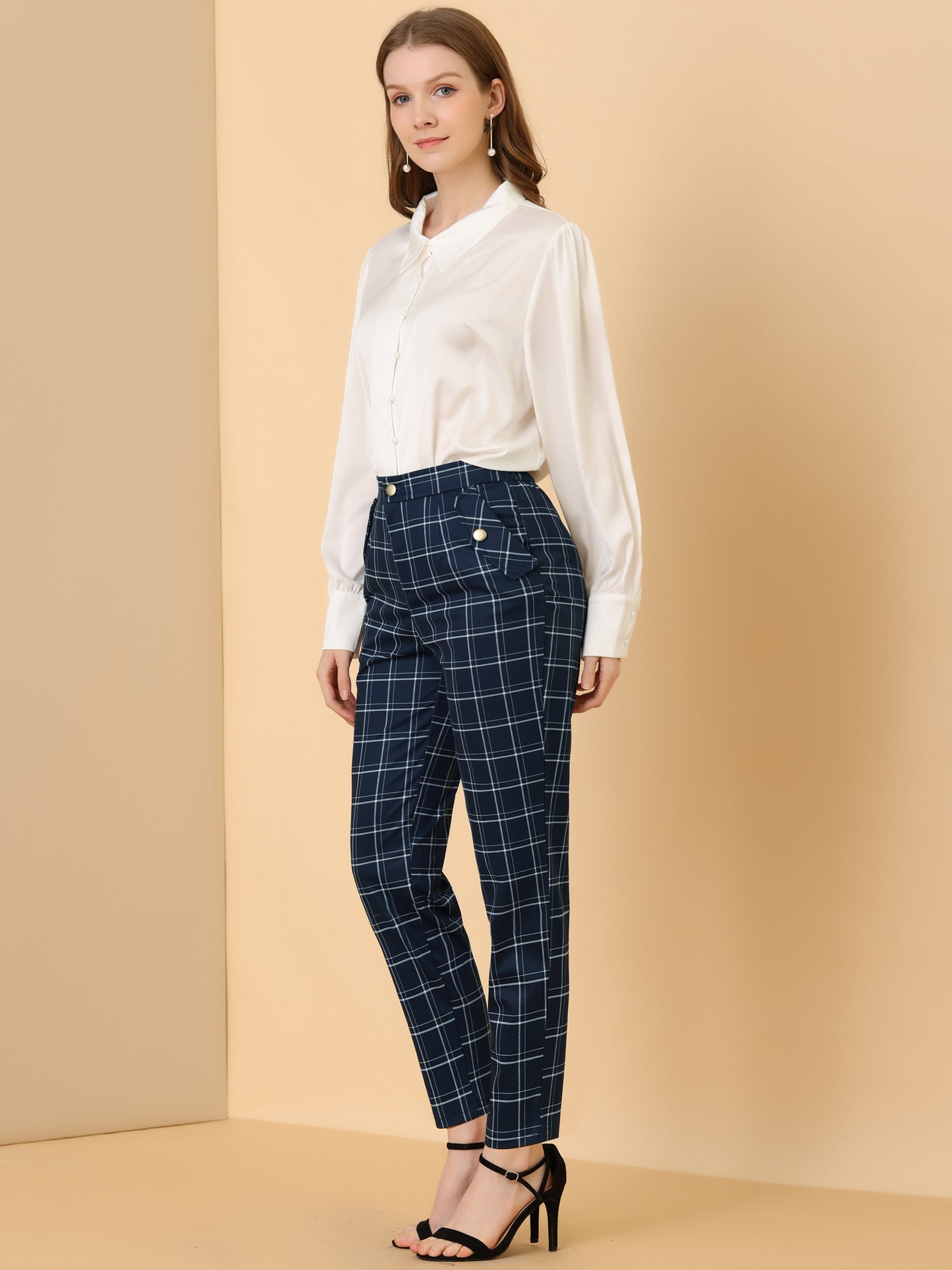 Women's Retro Tartan Plaid Pants Elastic Waist Straight Long Trousers