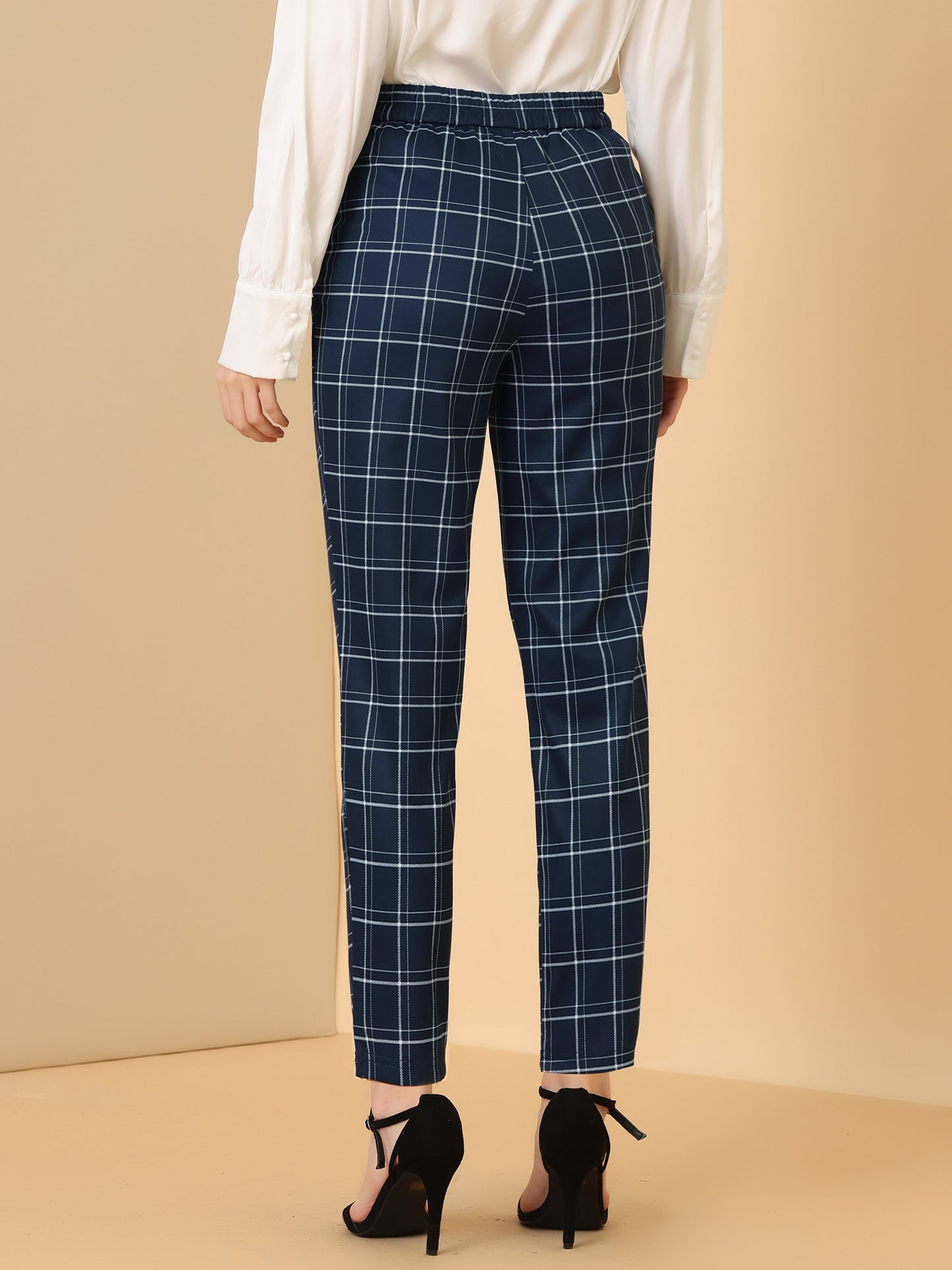 Women's Retro Tartan Plaid Pants Elastic Waist Straight Long Trousers