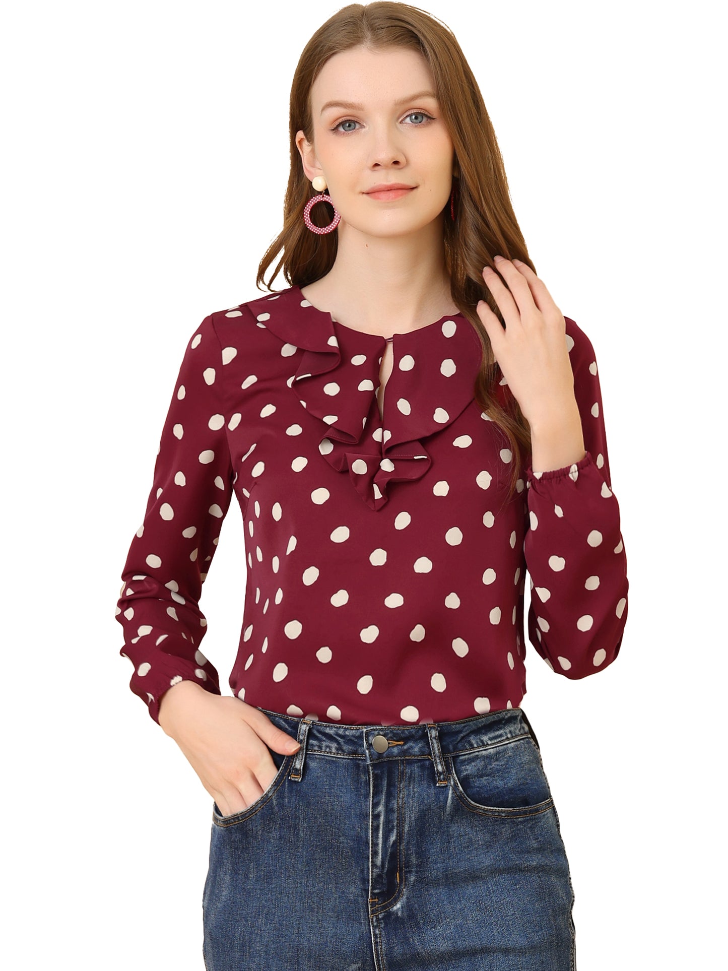 Women's Ruffle Neck Chiffon Top Long Sleeve Casual Office Blouse