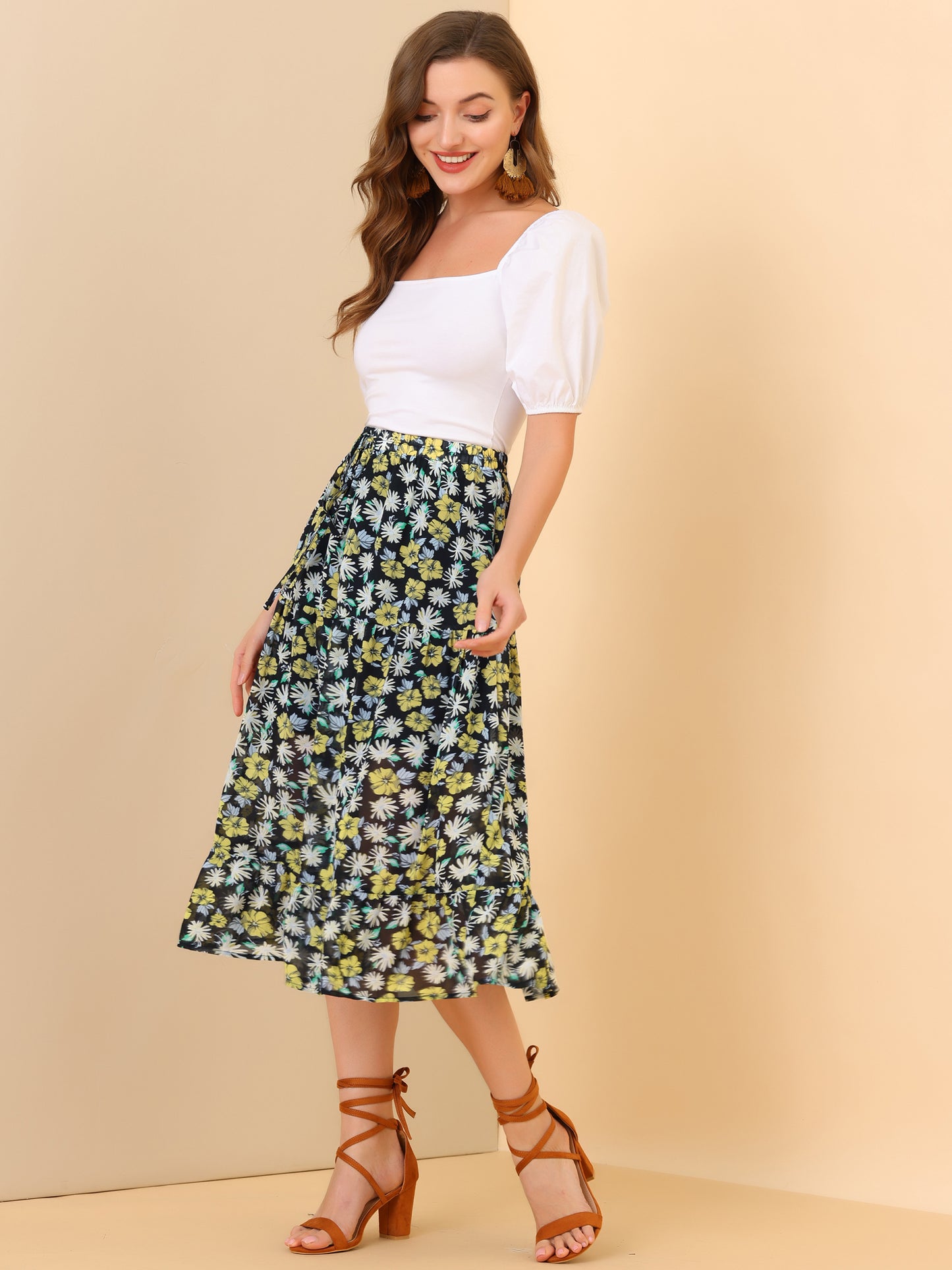 Women's Tiered A-line Flare Swing Elastic Waist Ruffle Floral Skirt
