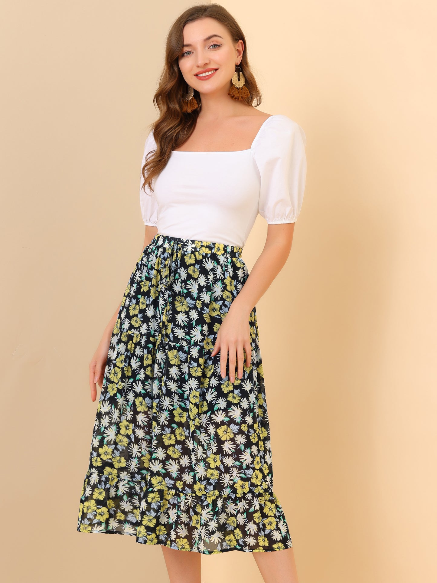 Women's Tiered A-line Flare Swing Elastic Waist Ruffle Floral Skirt