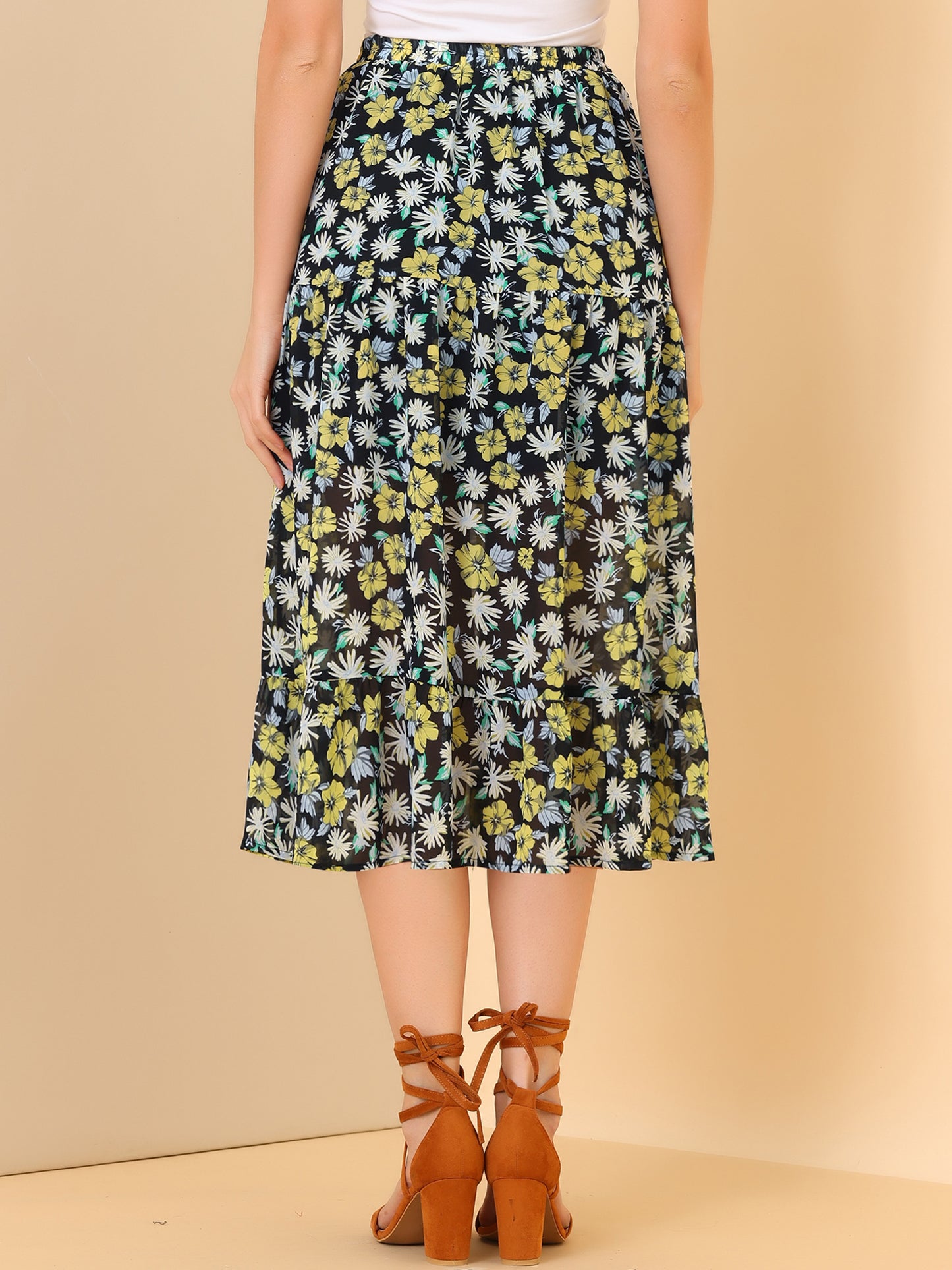 Women's Tiered A-line Flare Swing Elastic Waist Ruffle Floral Skirt