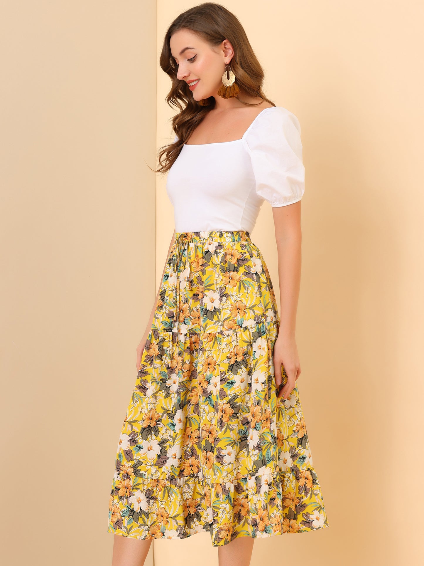 Women's Tiered A-line Flare Swing Elastic Waist Ruffle Floral Skirt