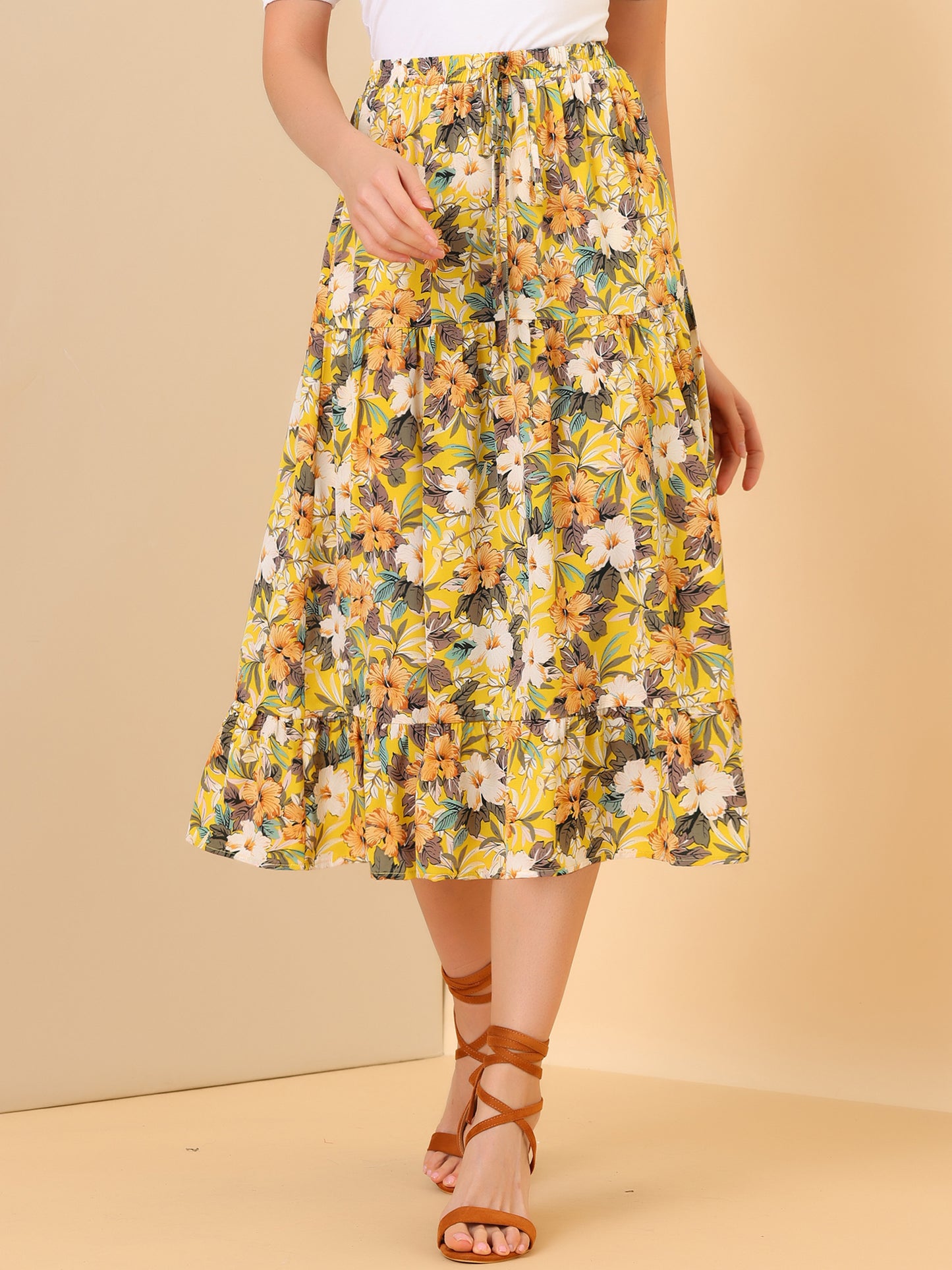 Women's Tiered A-line Flare Swing Elastic Waist Ruffle Floral Skirt