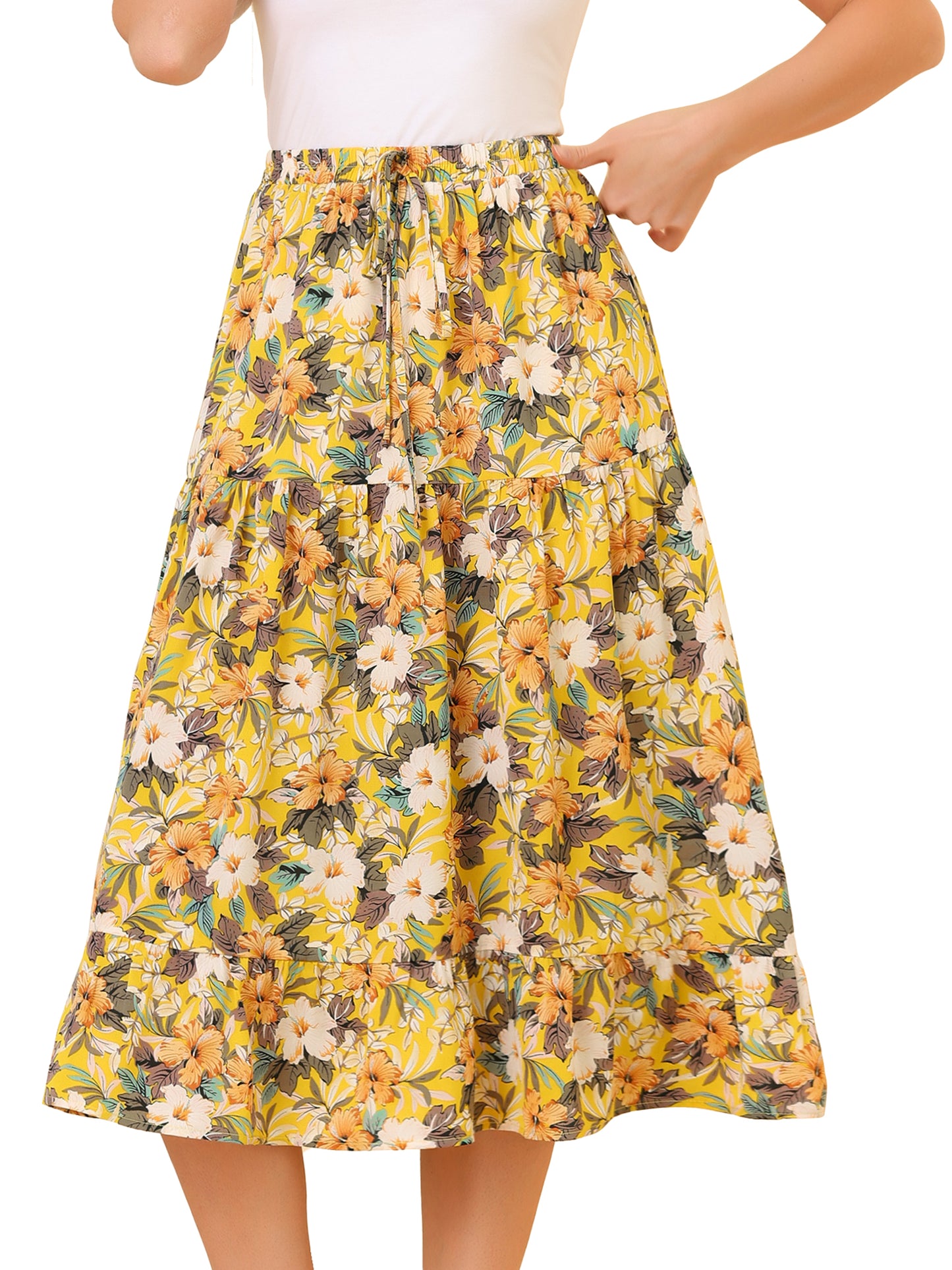 Women's Tiered A-line Flare Swing Elastic Waist Ruffle Floral Skirt