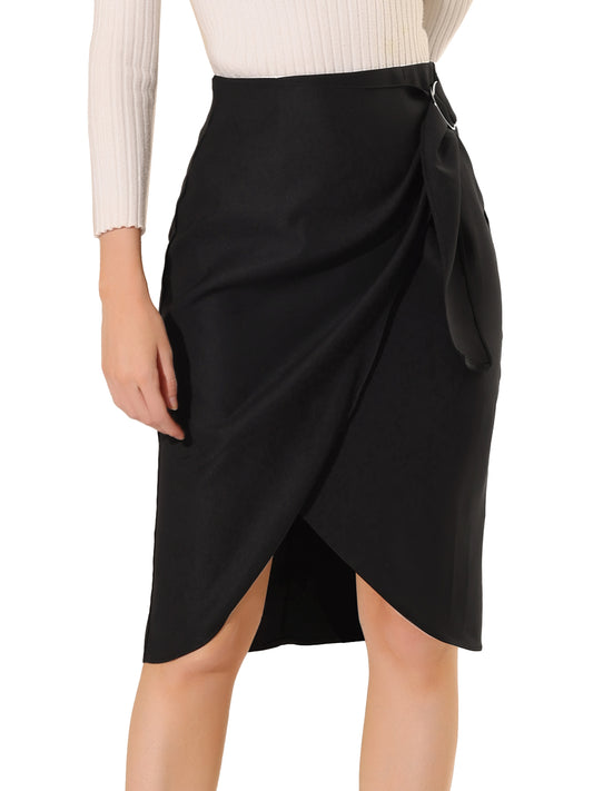 Women's Work Office Skirts Faux Wrap Tie Front Knee Length Skirt