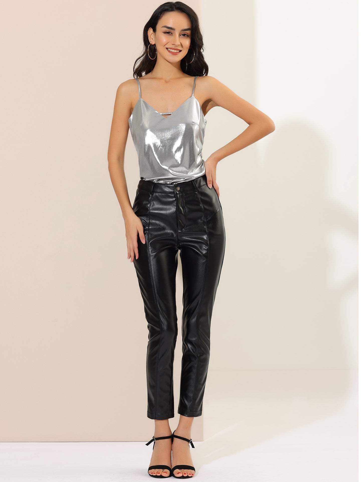 Women's Metallic Shiny Party Tank Top Deep V Camisole Top (Available in Plus Size)