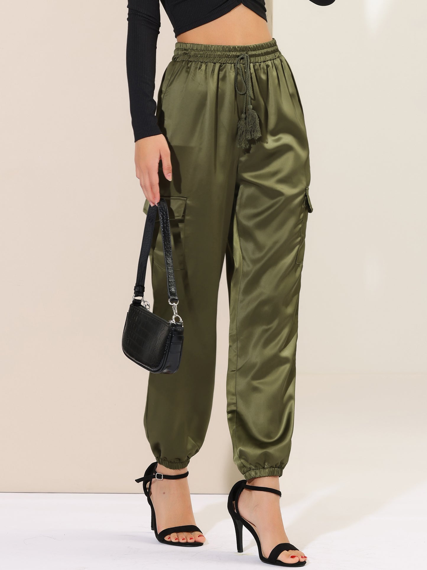 Women's Satin Joggers Drawstring Elastic Athleisure Pants High Waist Shiny Silky Satin Cargo Pants (Available in Plus Size)