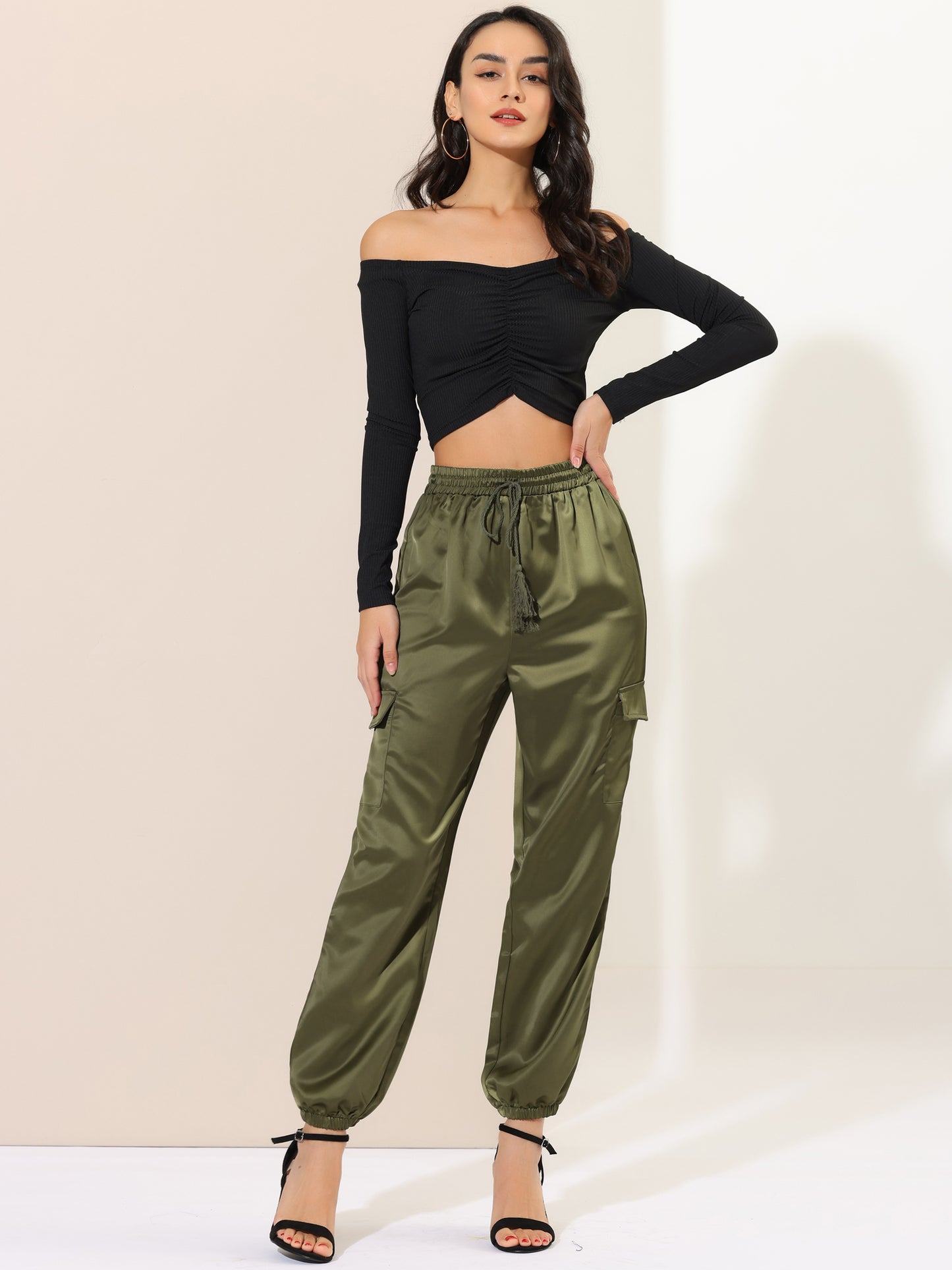 Women's Satin Joggers Drawstring Elastic Athleisure Pants High Waist Shiny Silky Satin Cargo Pants (Available in Plus Size)