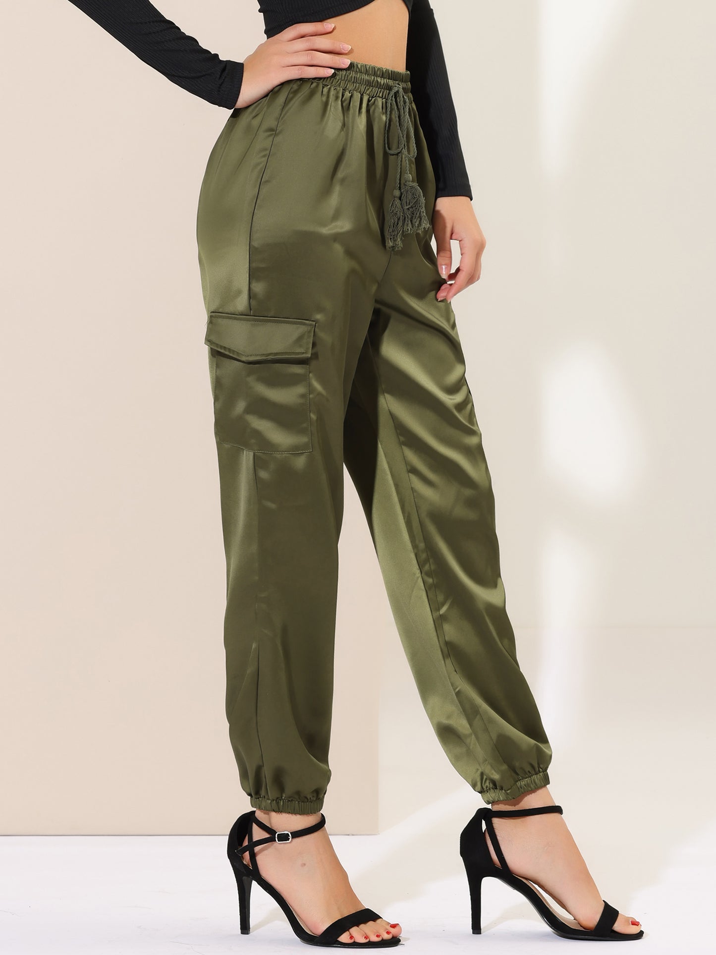 Women's Satin Joggers Drawstring Elastic Athleisure Pants High Waist Shiny Silky Satin Cargo Pants (Available in Plus Size)