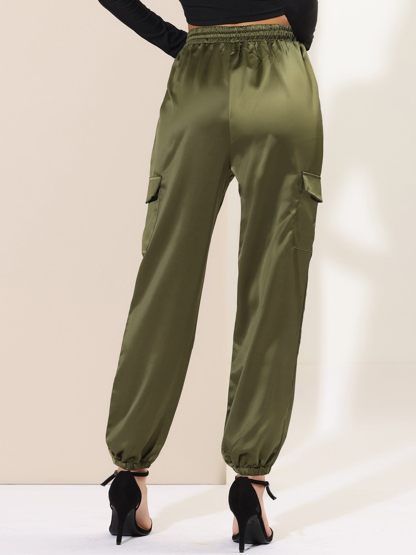 Women's Satin Joggers Drawstring Elastic Athleisure Pants High Waist Shiny Silky Satin Cargo Pants (Available in Plus Size)