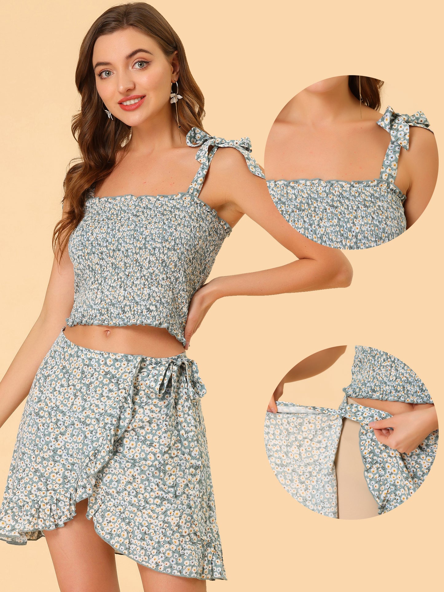 Women's 2 Piece Summer Floral Print Smocked Mini Skirt Set