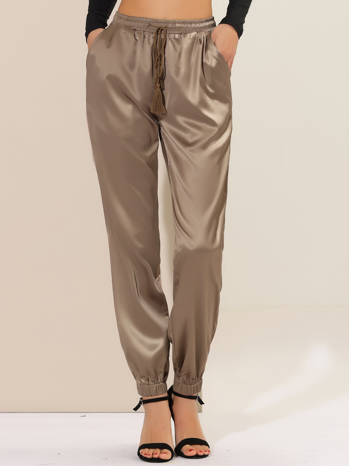 Women's Drawstring Elastic Waist Athleisure Pants Casual Ankle Length Satin Joggers with Pocket (Available in Plus Size)