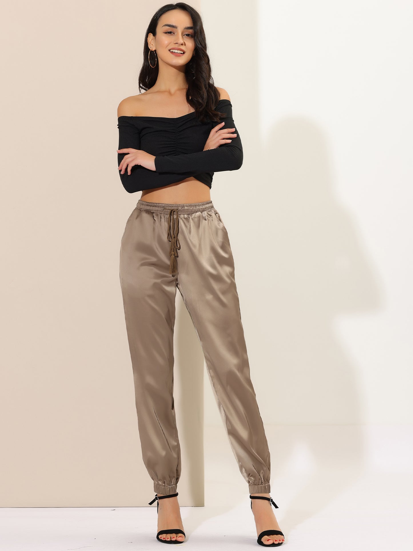 Women's Drawstring Elastic Waist Athleisure Pants Casual Ankle Length Satin Joggers with Pocket (Available in Plus Size)