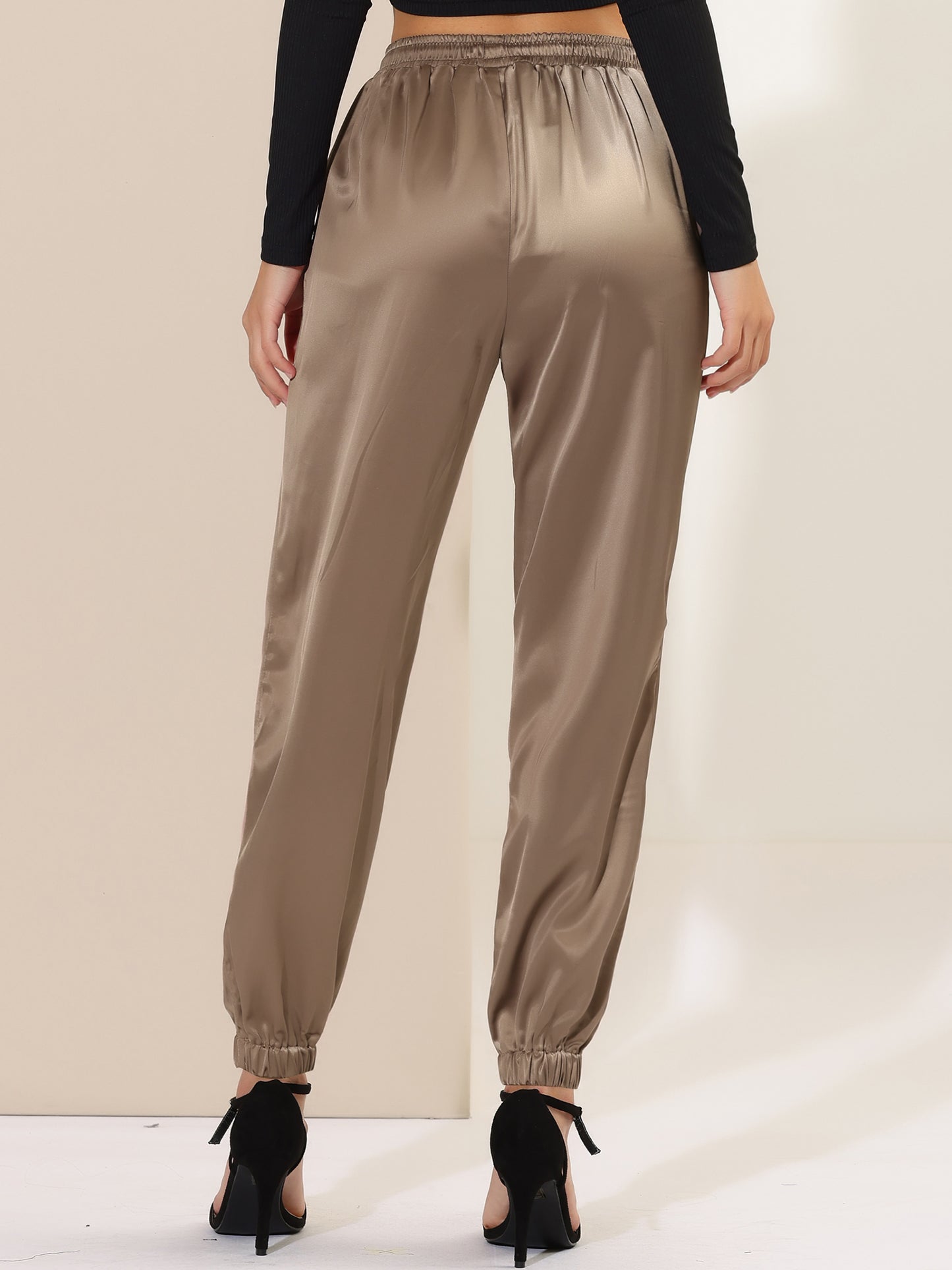 Women's Drawstring Elastic Waist Athleisure Pants Casual Ankle Length Satin Joggers with Pocket (Available in Plus Size)