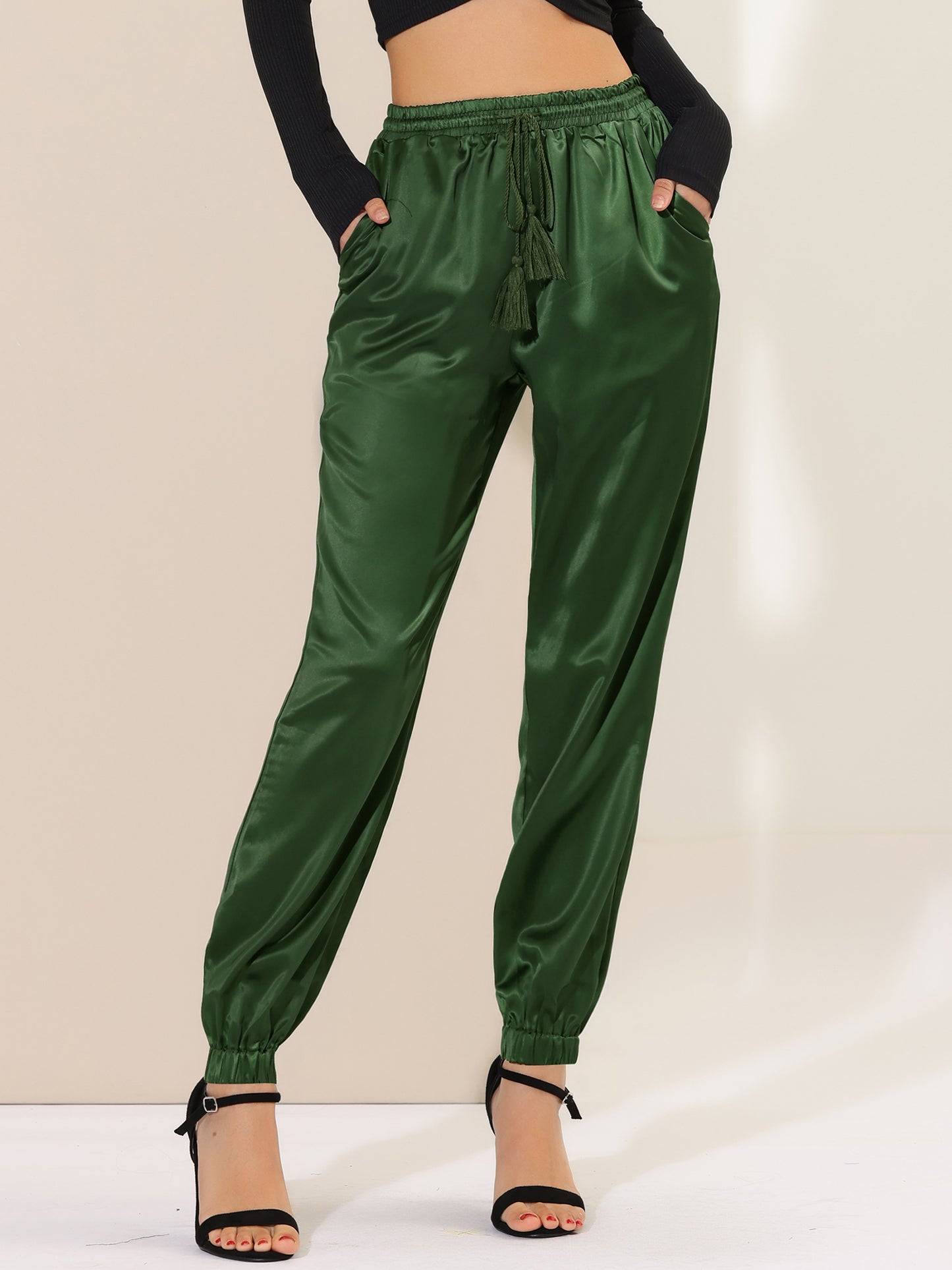 Women's Drawstring Elastic Waist Athleisure Pants Casual Ankle Length Satin Joggers with Pocket (Available in Plus Size)