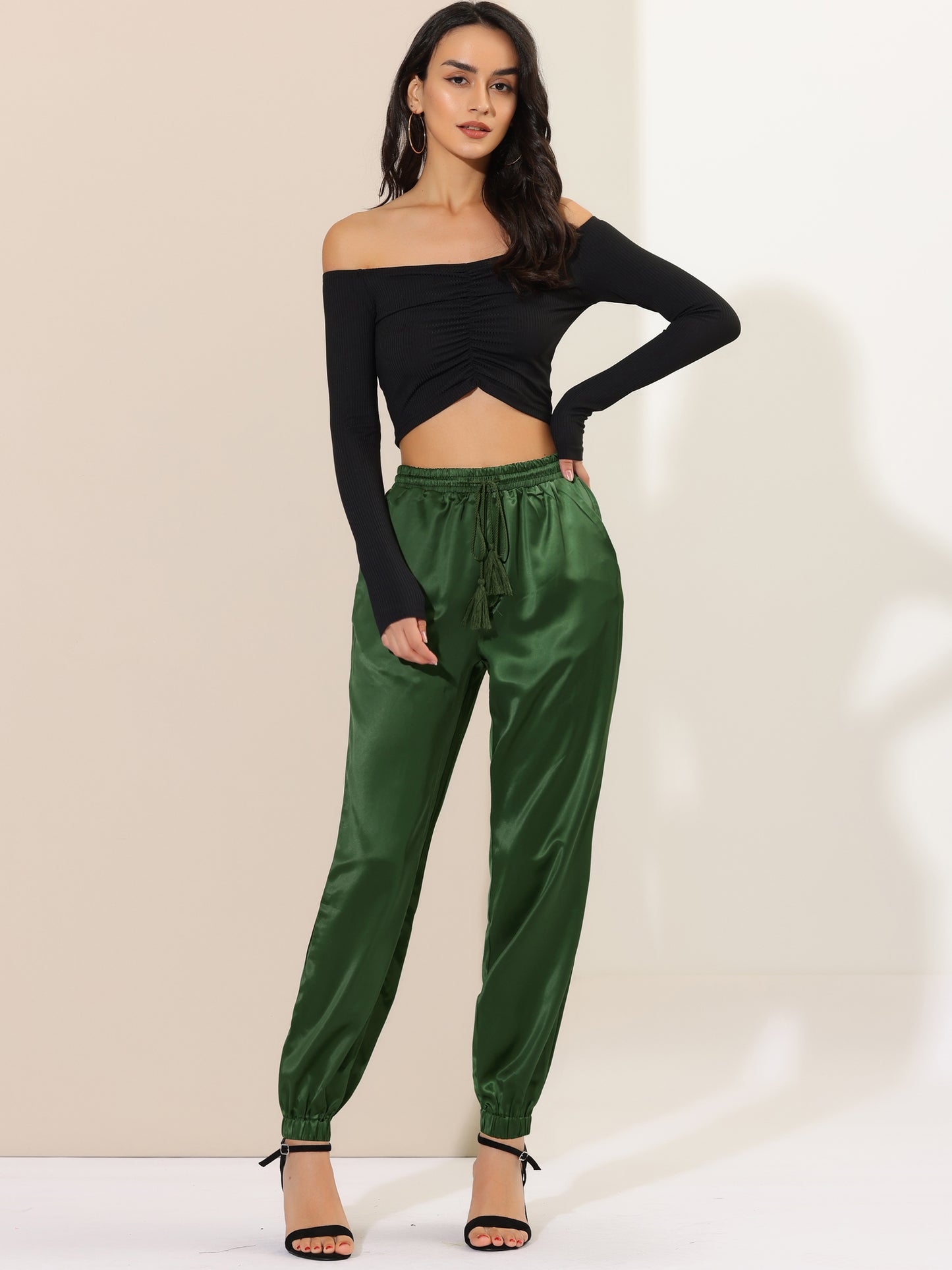 Women's Drawstring Elastic Waist Athleisure Pants Casual Ankle Length Satin Joggers with Pocket (Available in Plus Size)