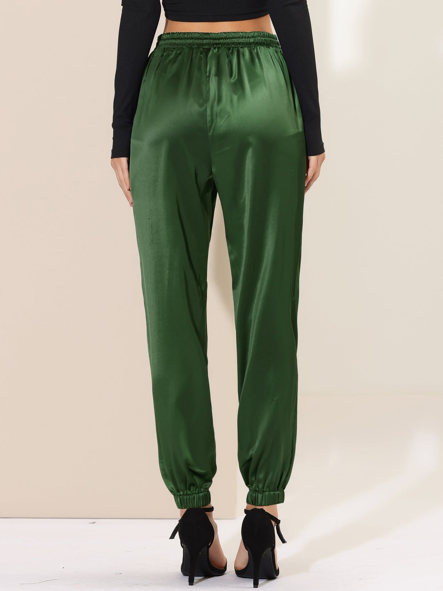 Women's Drawstring Elastic Waist Athleisure Pants Casual Ankle Length Satin Joggers with Pocket (Available in Plus Size)