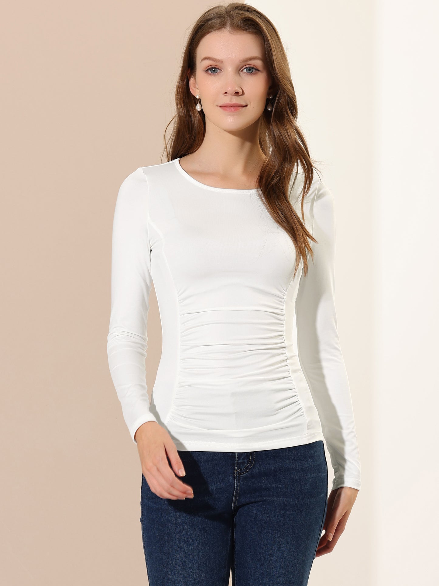 Women's Round Neck Long Sleeve Solid Fitted Ruched Top