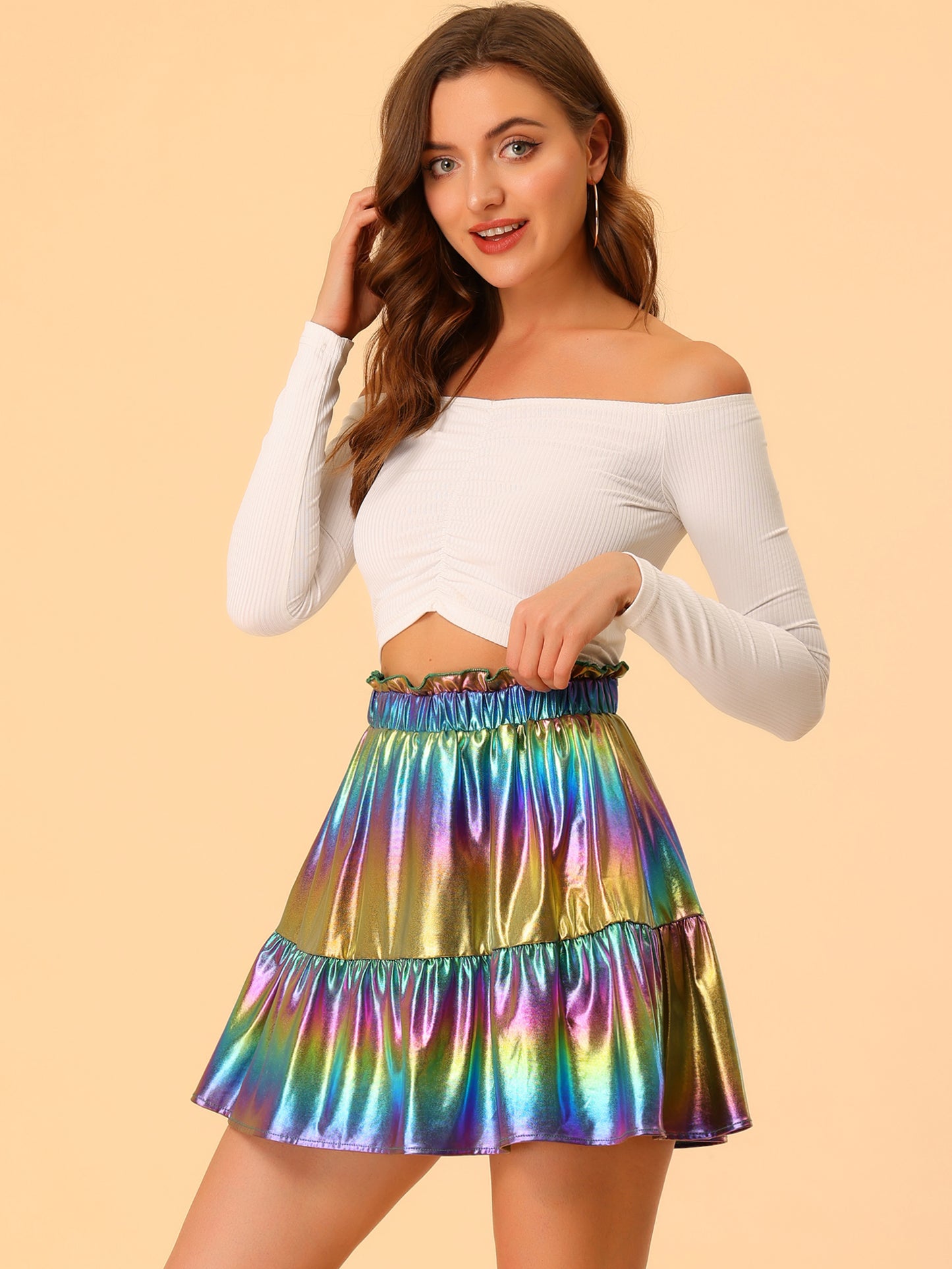 Minifalda metálica para mujer con volantes brillantes y cintura alta, corte A