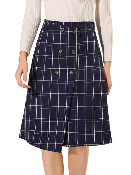 Women's Work Office Grid Plaid Buttons Knee Length A-line High Waist Skirt