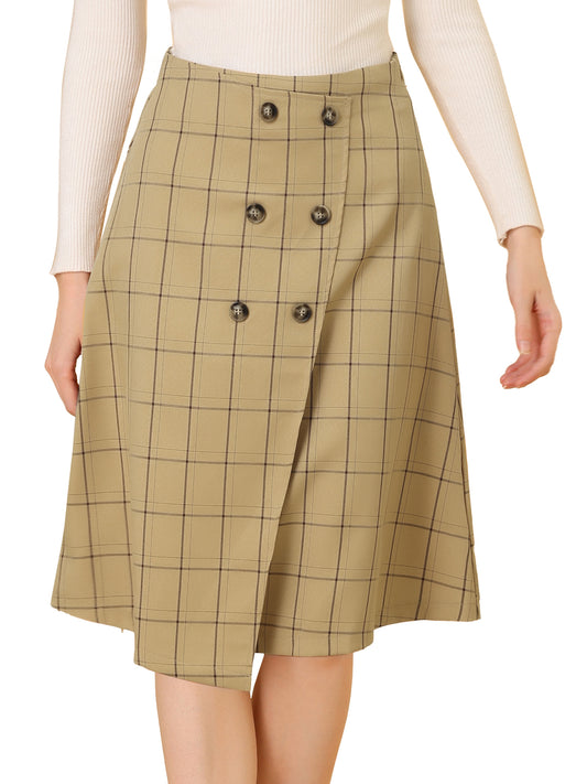 Women's Work Office Grid Plaid Buttons Knee Length A-line High Waist Skirt