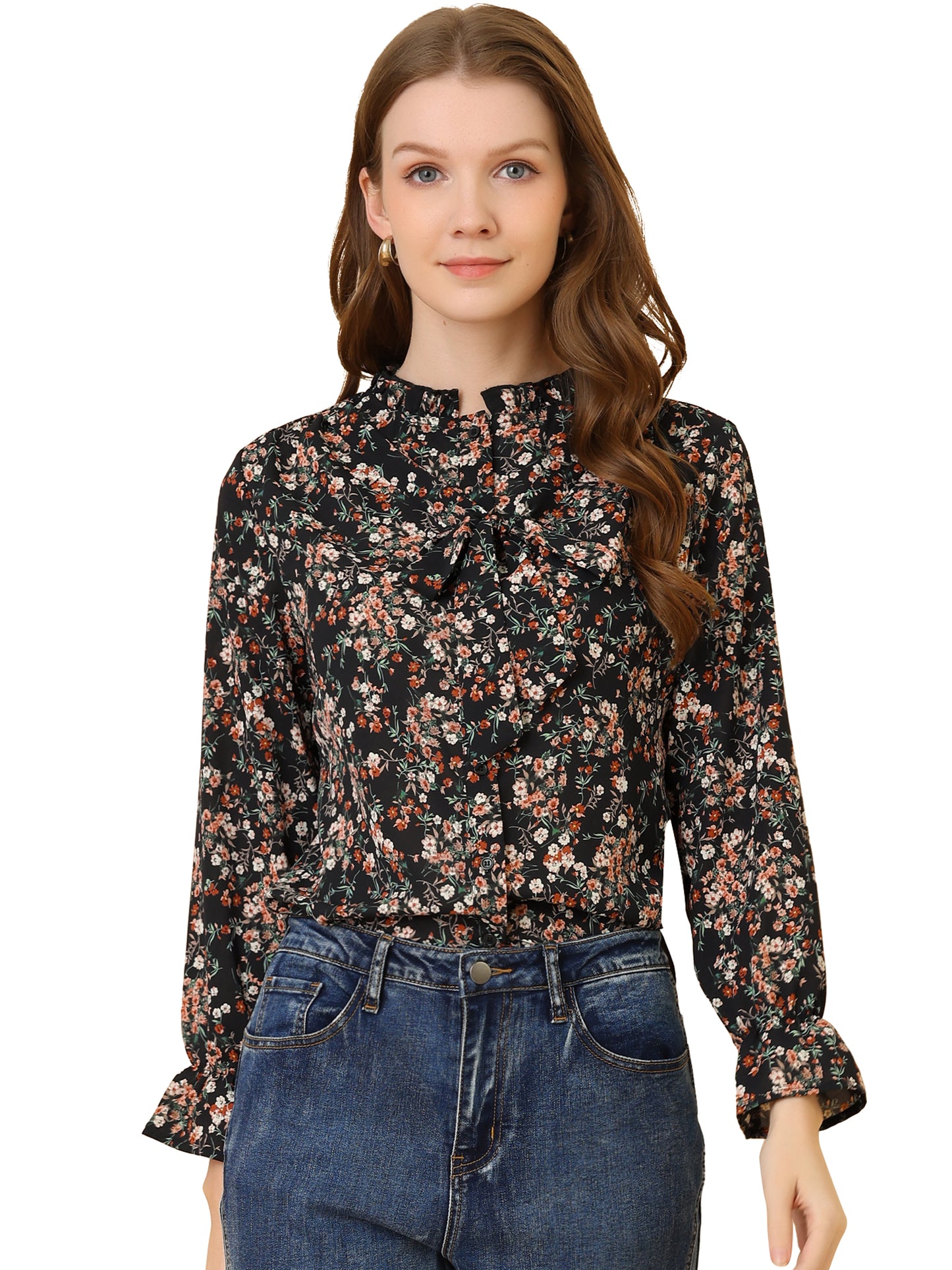 Blusa informal con cuello fruncido y botones con lazo floral para mujer