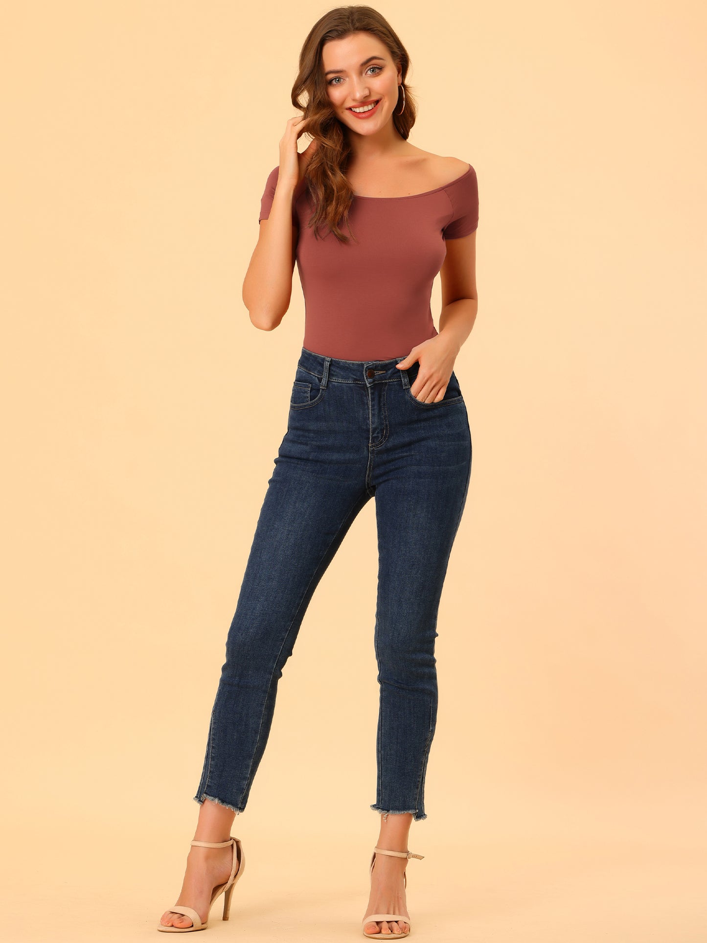 Women's Off Shoulder Top Short Sleeve Solid Basic Slim Fit Tees
