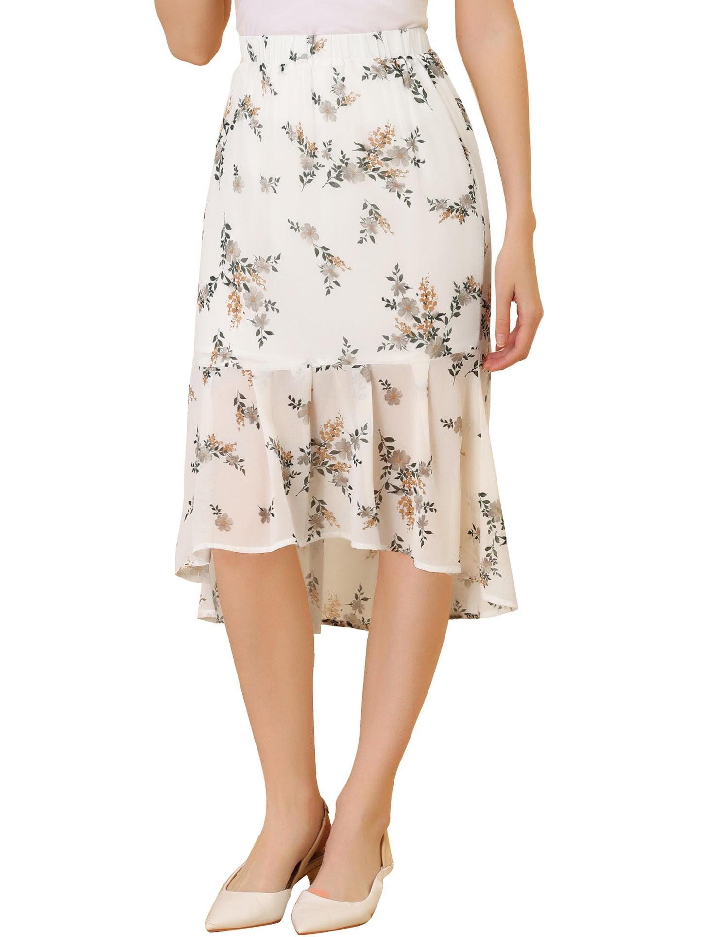 Falda de cola de pez de gasa con cintura elástica y dobladillo con volantes para mujer