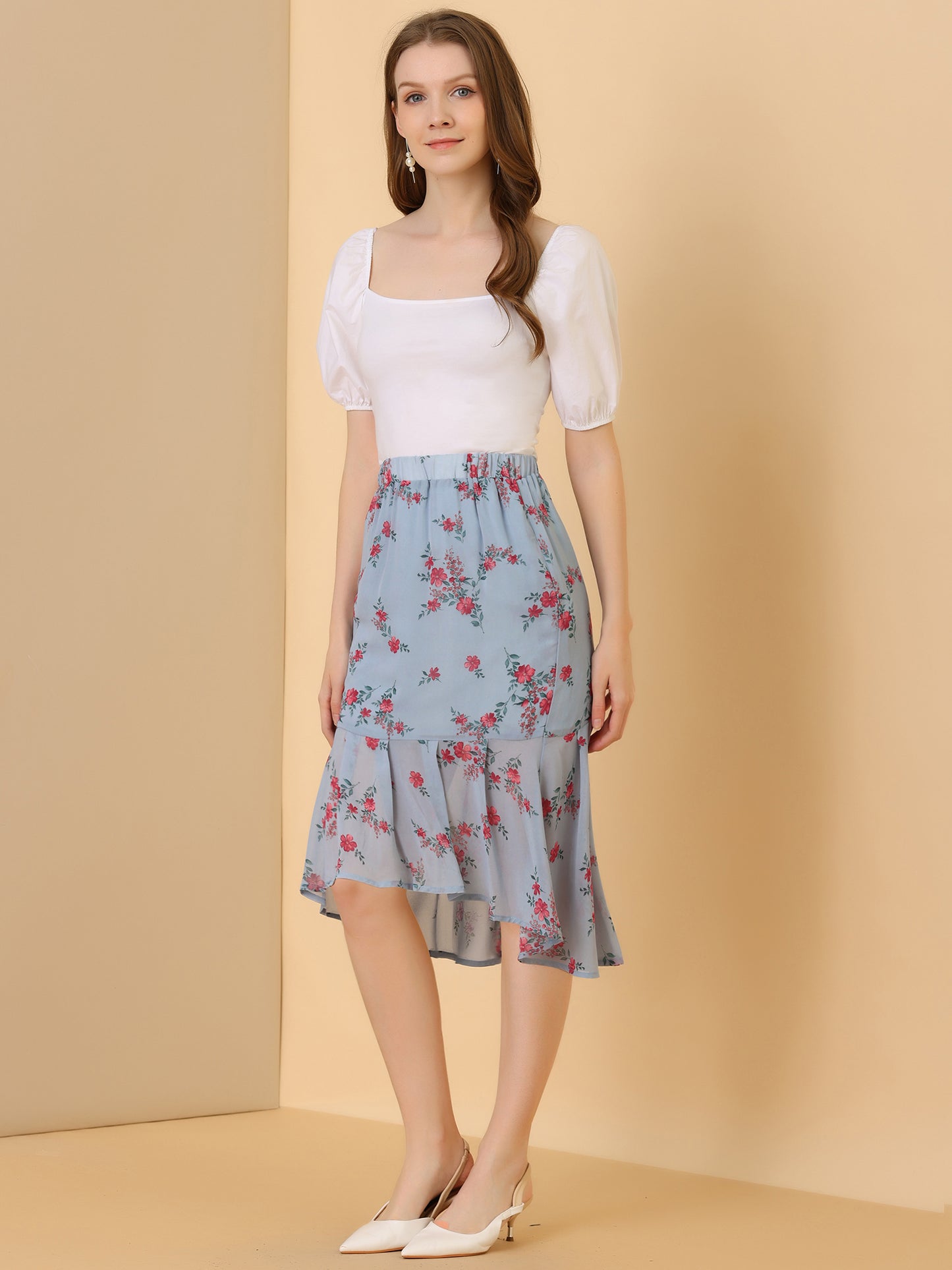 Women's Floral Elastic Waist Bodycon Ruffle Hem Chiffon Fishtail Skirt