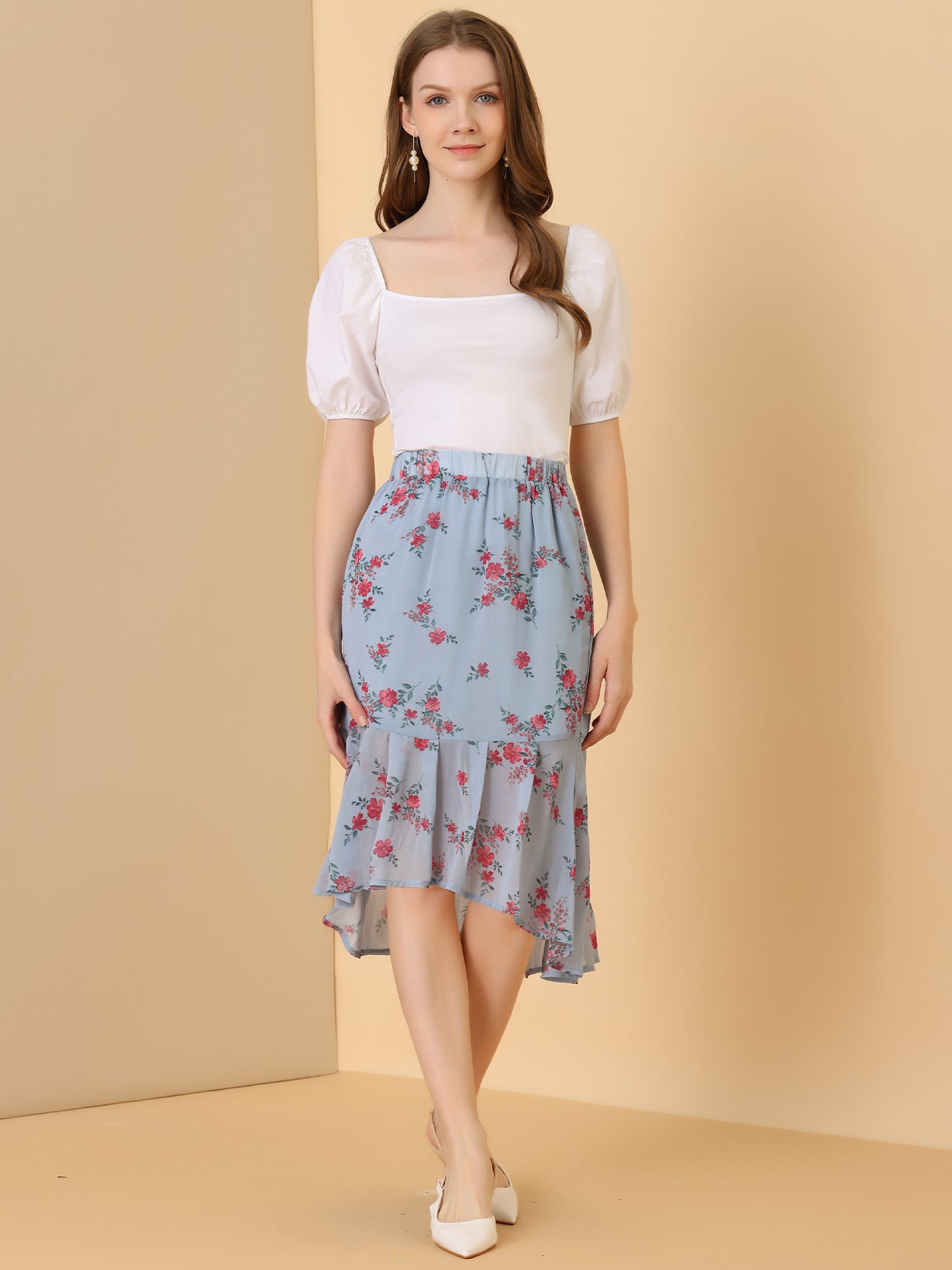 Women's Floral Elastic Waist Bodycon Ruffle Hem Chiffon Fishtail Skirt