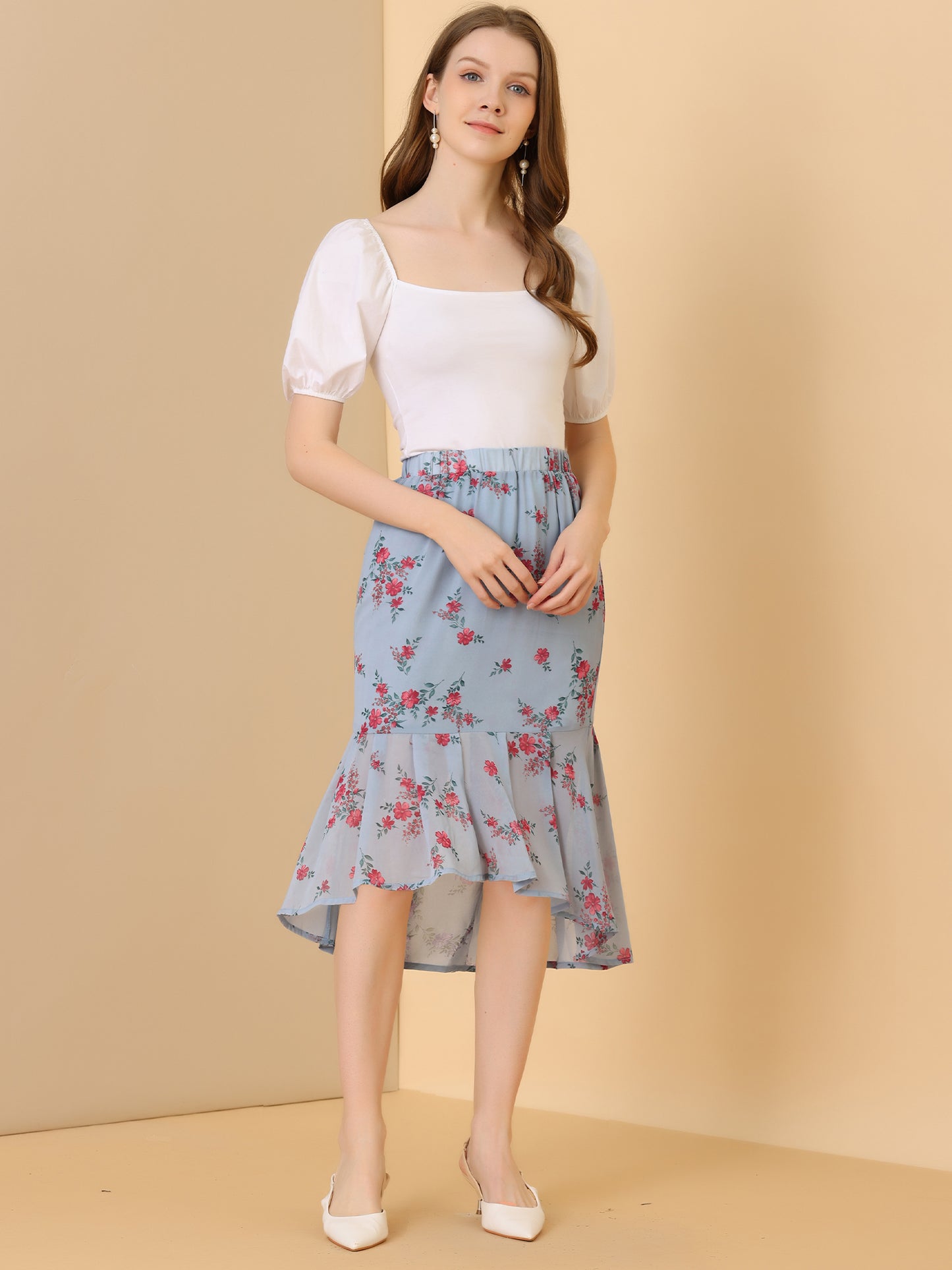 Women's Floral Elastic Waist Bodycon Ruffle Hem Chiffon Fishtail Skirt