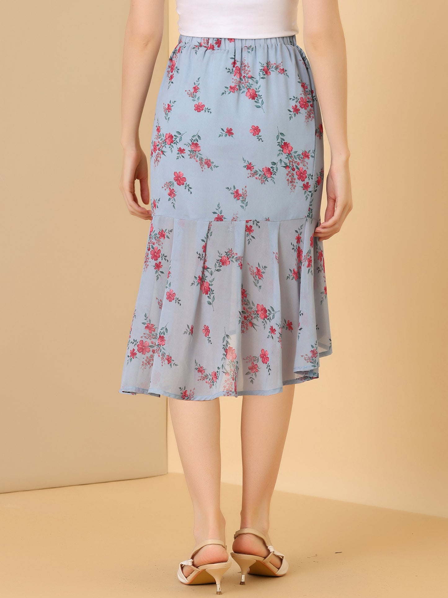 Women's Floral Elastic Waist Bodycon Ruffle Hem Chiffon Fishtail Skirt