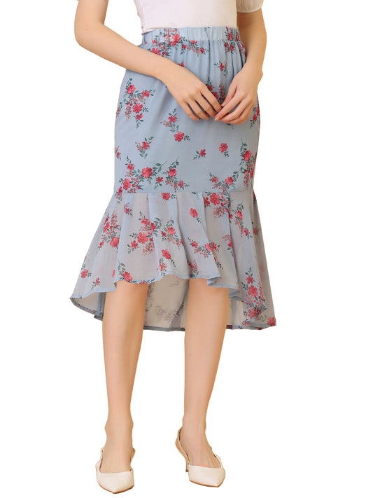 Women's Floral Elastic Waist Bodycon Ruffle Hem Chiffon Fishtail Skirt