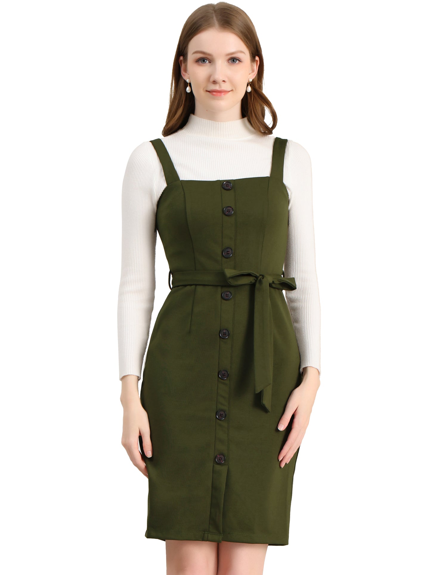 Women's Button Front Bodycon Sleeveless Belt Staps Tank Dress