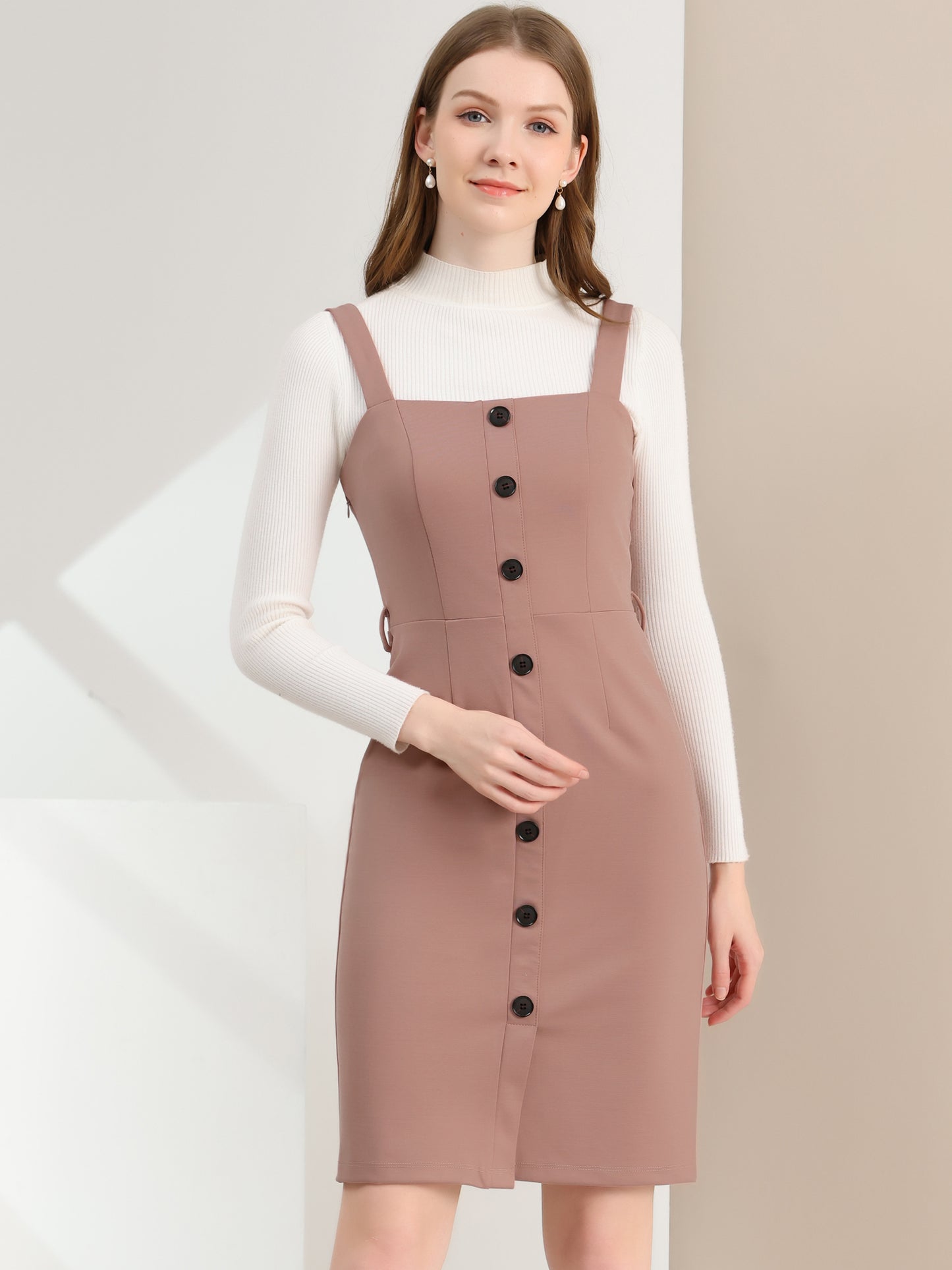 Women's Button Front Bodycon Sleeveless Belt Staps Tank Dress