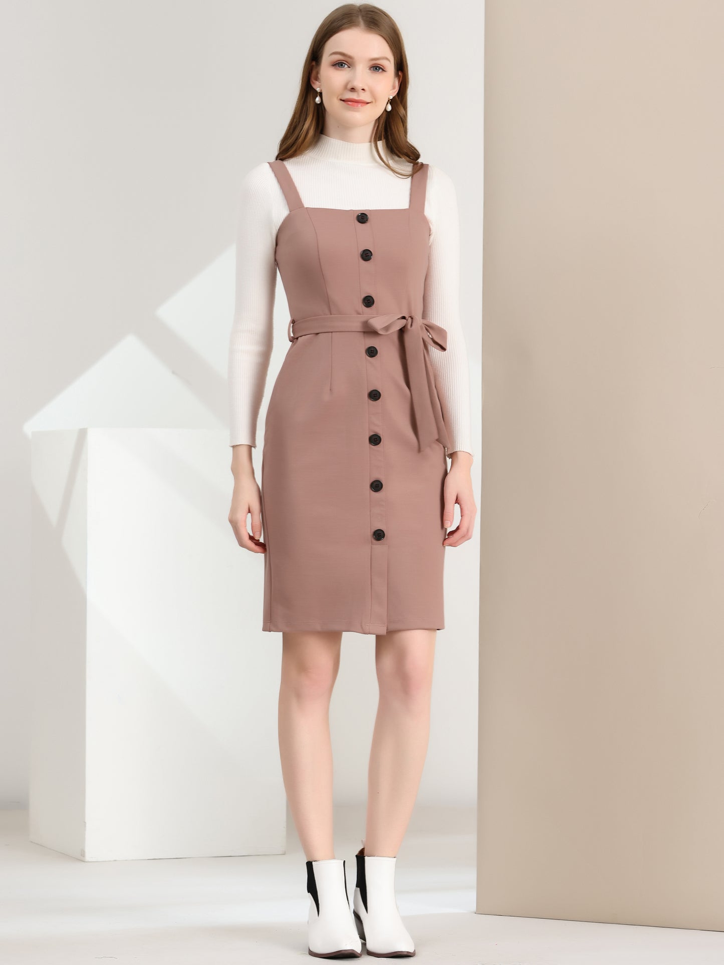 Women's Button Front Bodycon Sleeveless Belt Staps Tank Dress