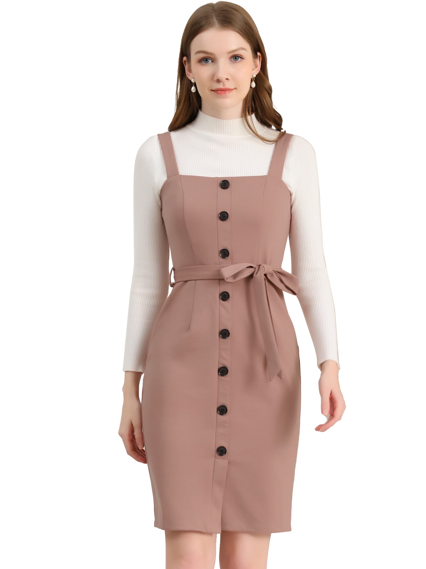 Women's Button Front Bodycon Sleeveless Belt Staps Tank Dress