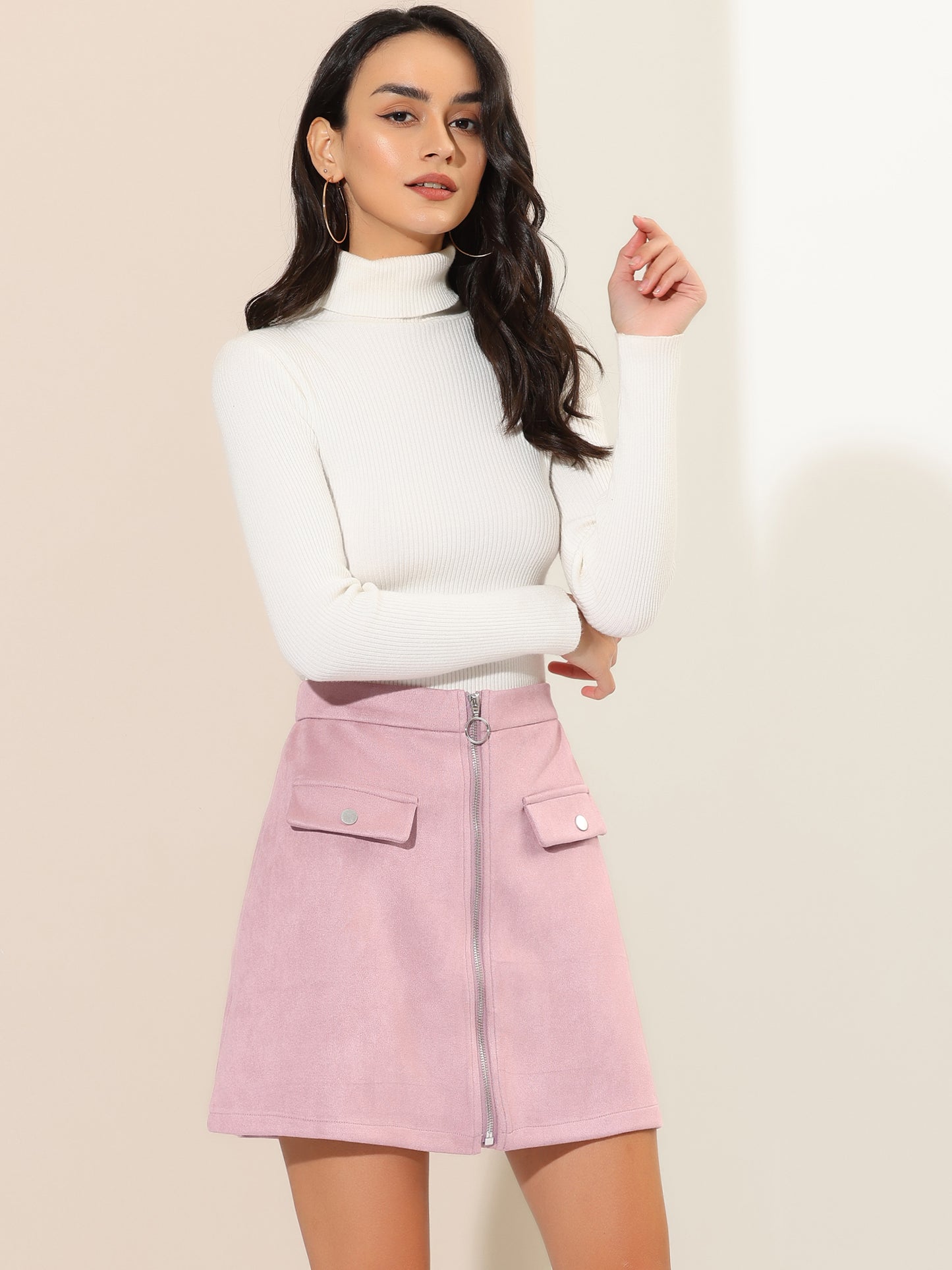 Women's Zipper Front Skirt High Waist A-Line Faux Suede Mini Skirt