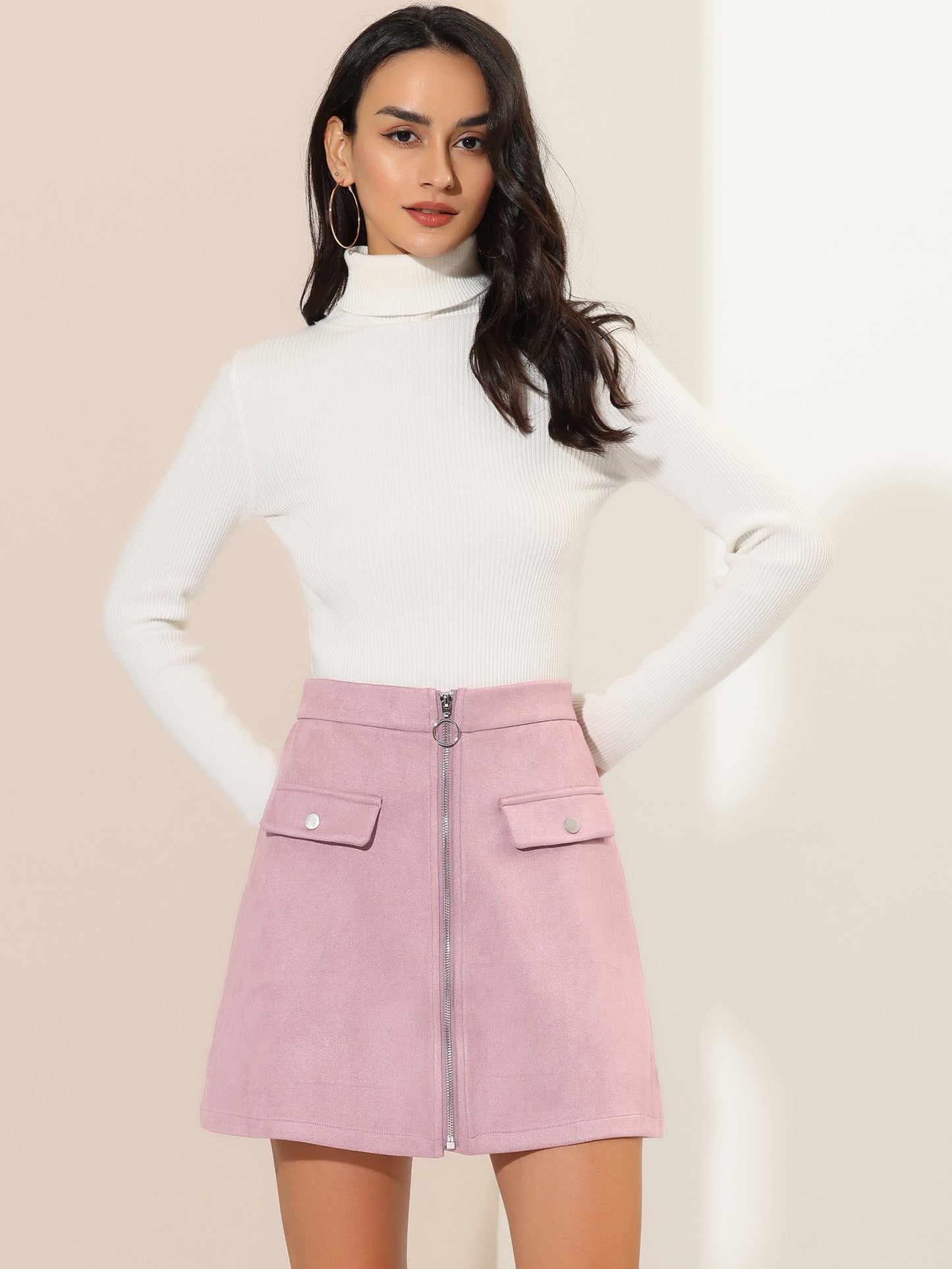 Women's Zipper Front Skirt High Waist A-Line Faux Suede Mini Skirt