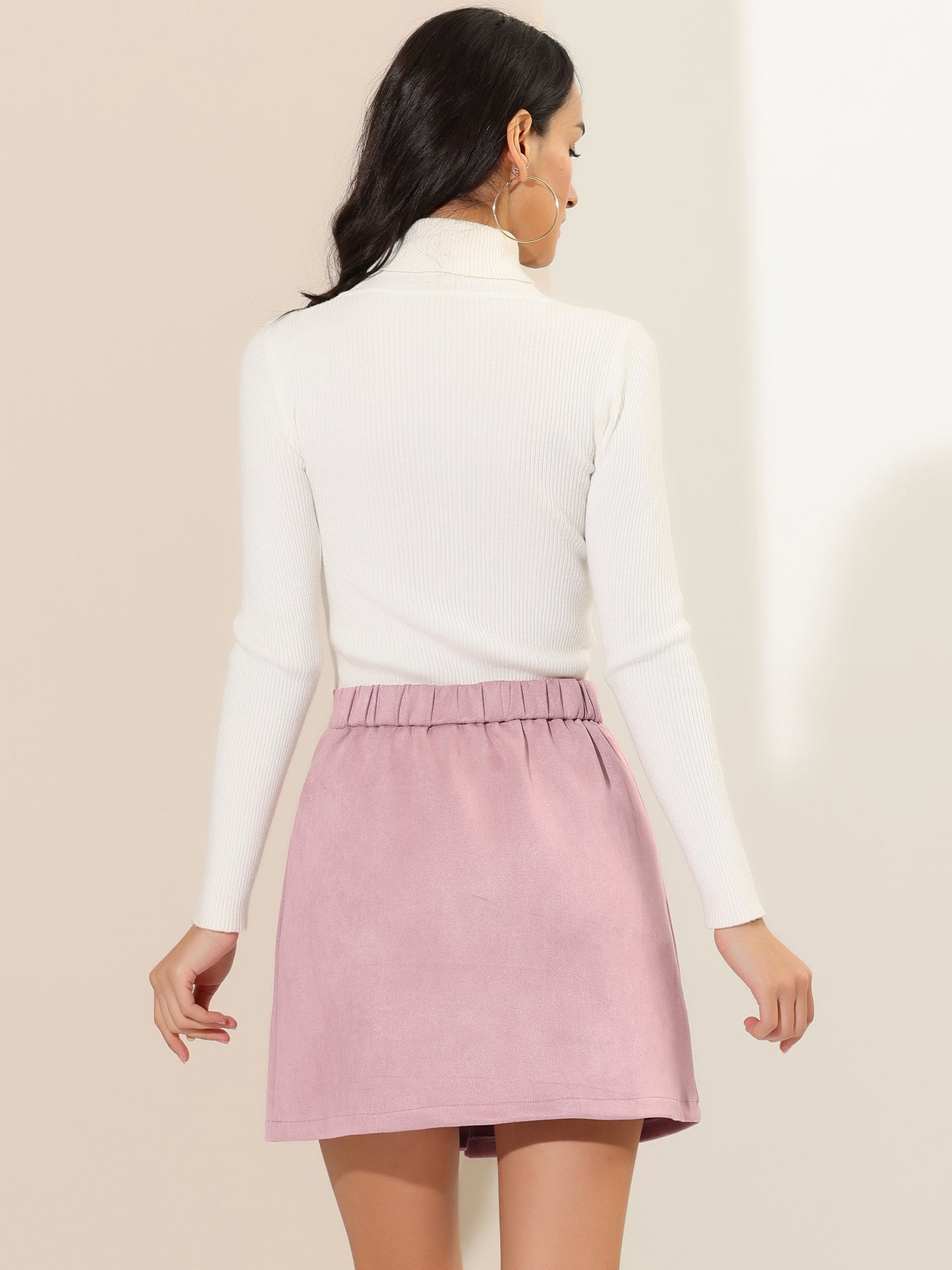 Women's Zipper Front Skirt High Waist A-Line Faux Suede Mini Skirt